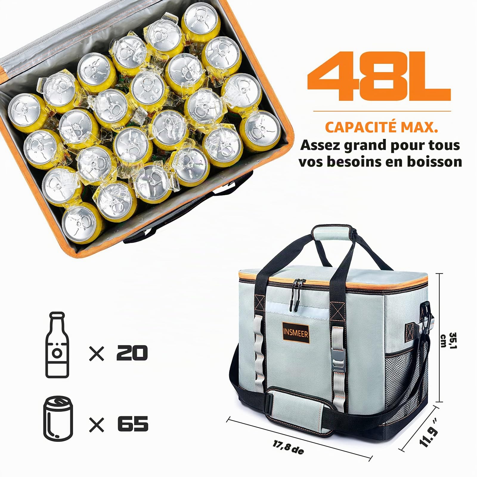 INSMEER Grand Sac Isotherme48L/55L, 65/80 Can Sac Glacière Étanche/Facile à Nettoyer avec Décapsuleur et Bandoulière Amovible, pour Plage, Pique-Nique, Shopping, Camping