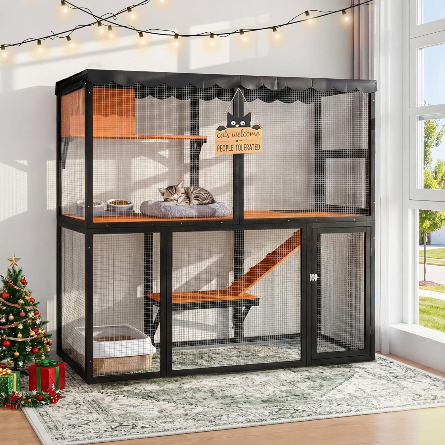 KEIKI 67.5" Large Outdoor Cat Enclosure for Multiple Cats, Waterproof Wooden Catio with Platforms, Resting Boxes, Easy-Climb Ramp and Canopy, Outdoor Cat House Cat Cage Outdoor, Black Orange
