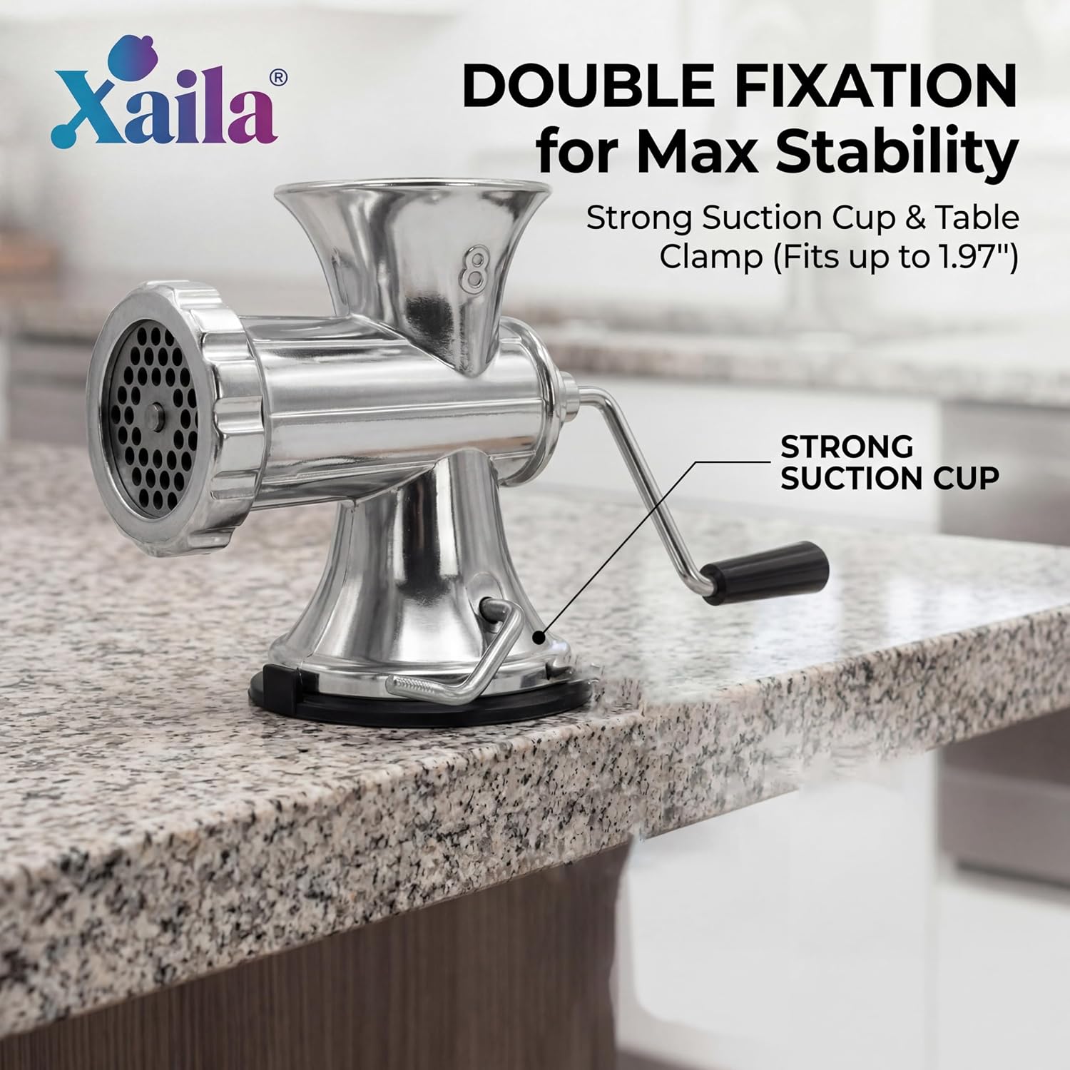 Xaila Manual Meat Grinder Heavy Duty Stainless Steel, Hand Crank Sausage Stuffer with Suction Cup Base & Table Clamp, Dishwasher Safe for Home Kitchen, Fresh Ground Beef, Pork, Pet Food