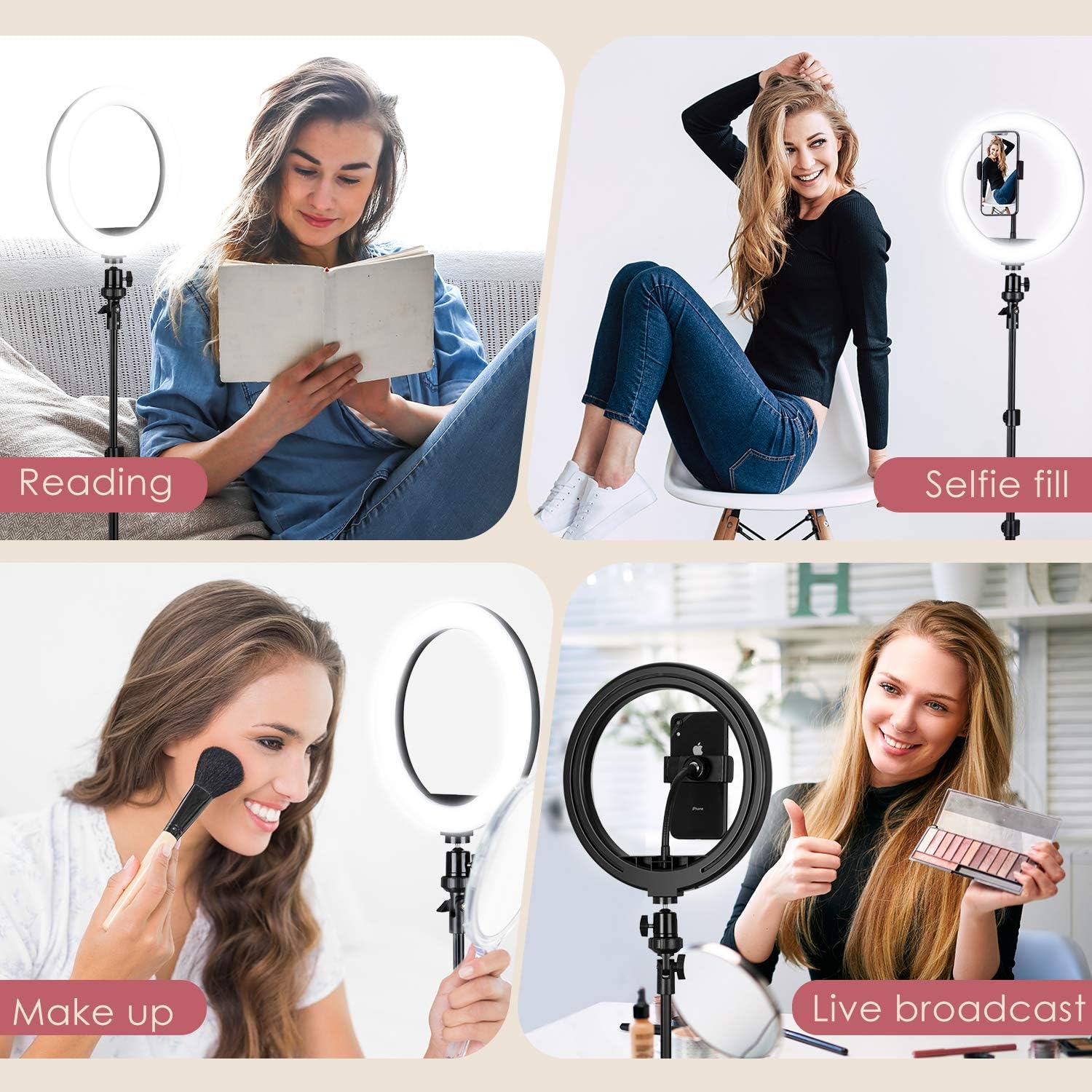 Vabogu Selfie Ring Light, 10" Selfie Lights 120 LED Bulbs with Tripod Stand 18" to 63" & Cell Phone Holder for Live Stream/Makeup/YouTube Video/Photography, Compatible for iPhone Android(Upgraded)