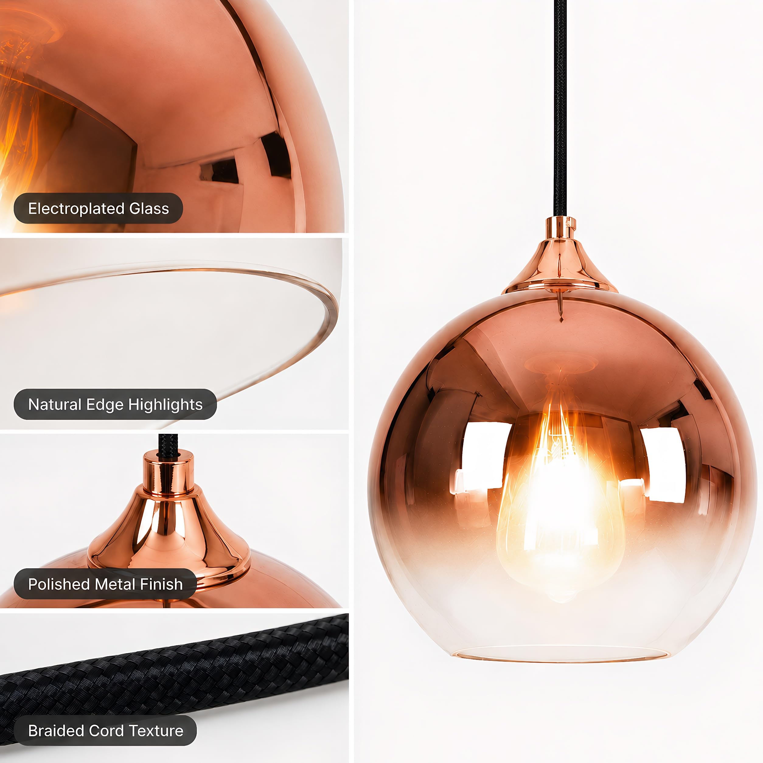 Suspension Vintage en Verre, Abat-Jour Boule Électroplaqué, Lampe Suspendue E27, Câble Réglable 150cm, pour Îlot de Cuisine, Salle à Manger, Chambre, Café (Or rosé, 30CM)