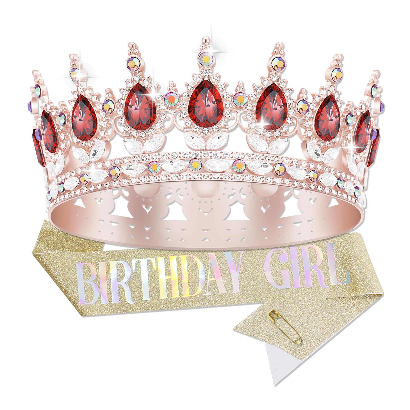 Birthday Crowns for Women, Rose-Gold Birthday Girl Sash & Birthday Tiara for Women Set, Princess Rhinestone Birthday Girl Headband Birthday Gifts for Women, Sweet Happy Birthday Accessories