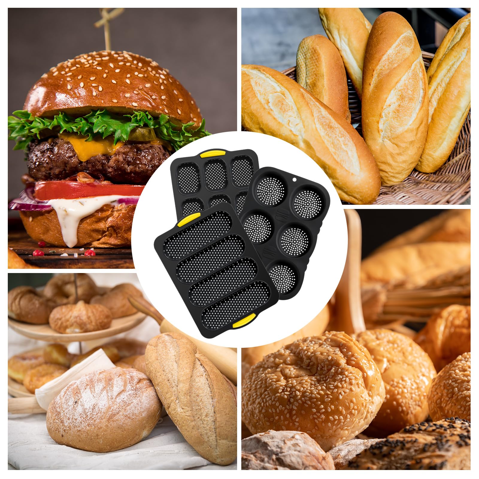 FillTouch Juego de 5 moldes de silicona para panecillos de hamburguesas de 4, 6, 9 tazas, con cepillo de espátula, antiadherentes, para hornear pan casero, bandeja para hornear sándwich, refrigerador,