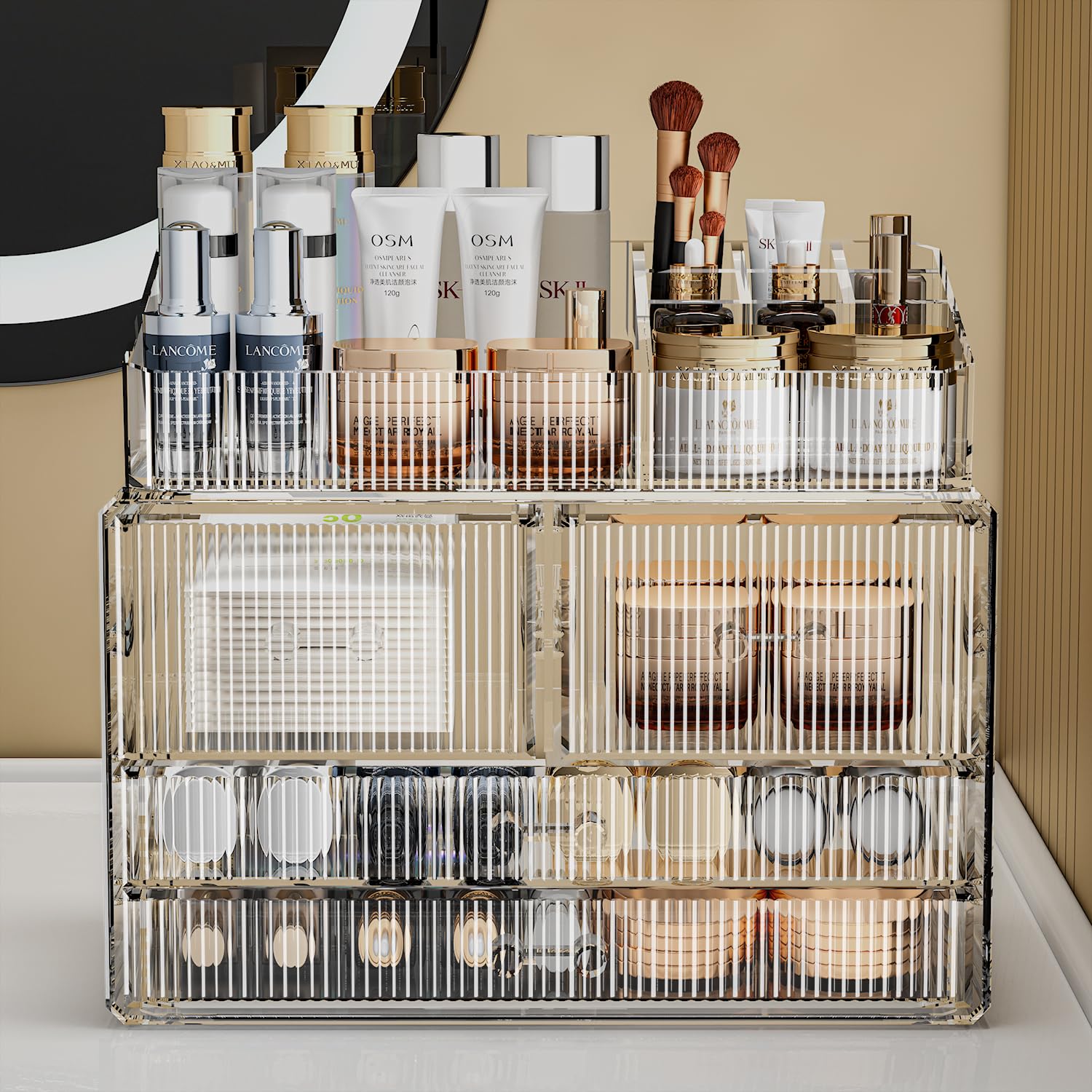ZHIAI Clear Makeup Organizer for Vanity - Organize Your Beauty Essentials with Make Up Organizers and Storage, Multi-Purpose Bathroom Organizer Jewelry Holder Organizer, (1 Top 4 Drawers D)