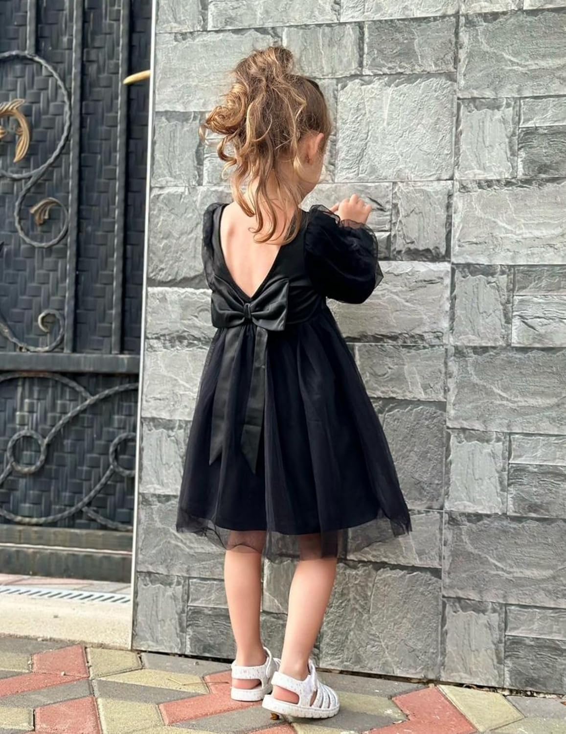 Arshiner Toddler Girls V Back Tutu Dress Tulle Puff Long Sleeve Wedding Birthday Party Fall Toddlers Dresses - Image 9