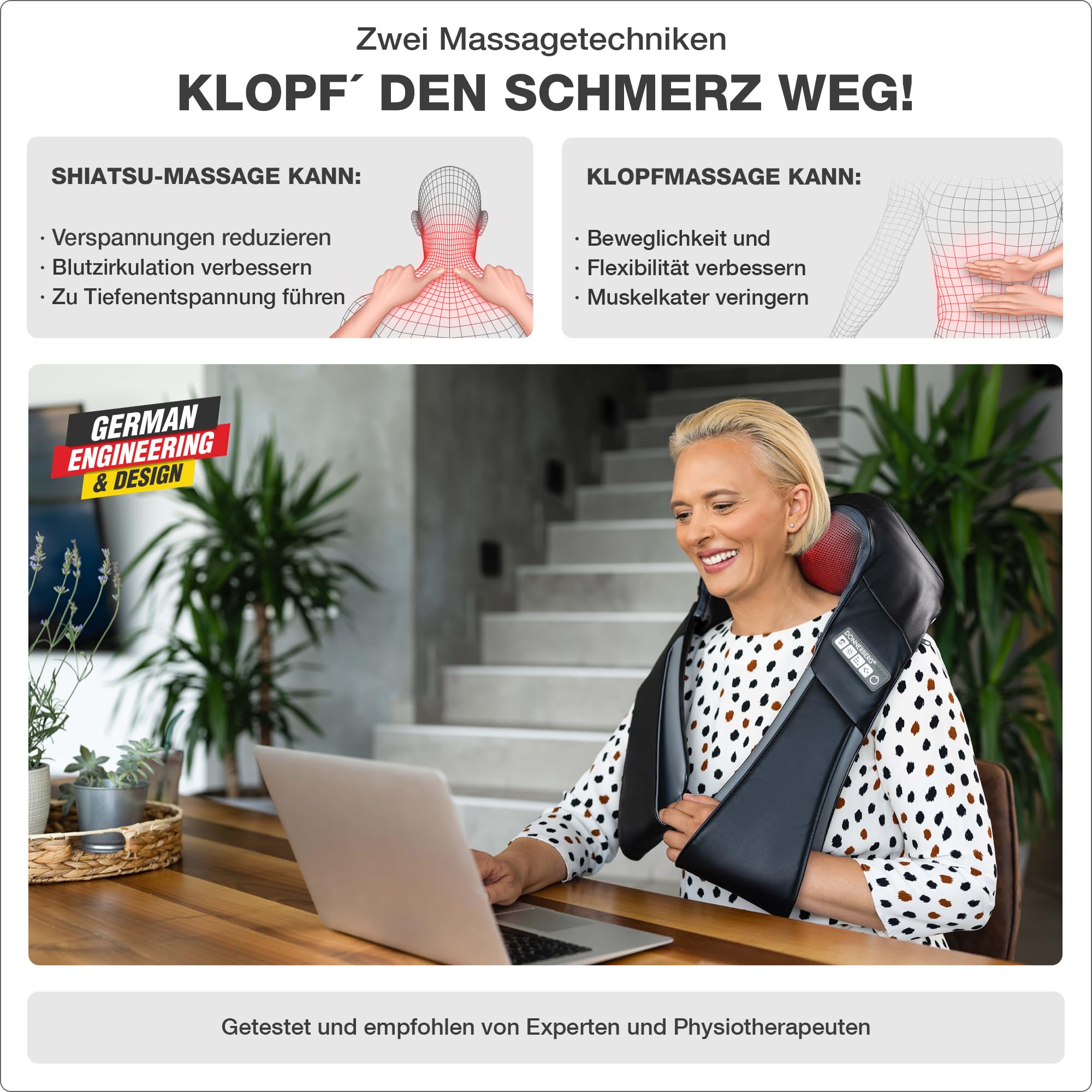 DONNERBERG® Klopfy Entspannung für Ihren Rücken Shiatsu und Klopfmassage Nackenmassagegerät mit Wärmefunktion 7 Jahre Kraftmotor Garantie TÜV Süd geprüft