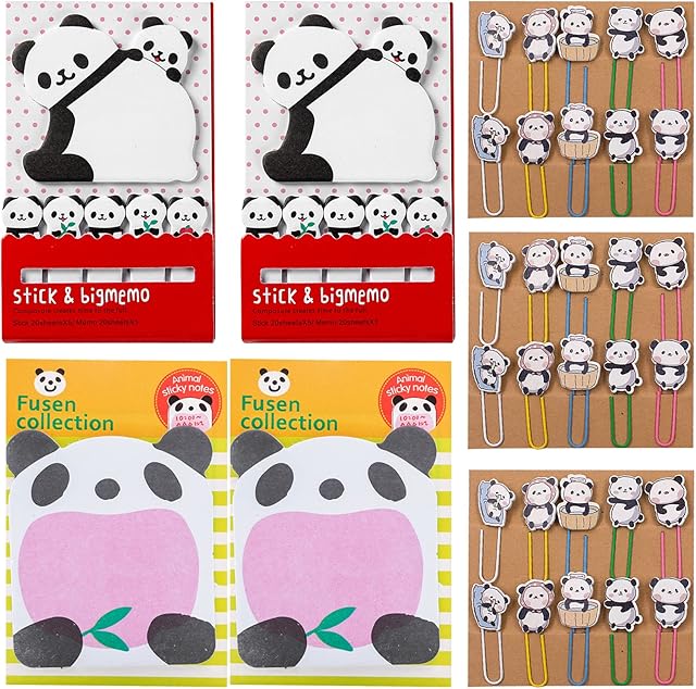 30 Pcs Panda Paperclip Bookmarks, VEGCOO Bookmarks Set for Kids with 3 Set Cute Panda Bookmark Clips & 4 Sheets Panda Sticky Notes, Funny Stationary Gifts for Office School Students Teachers