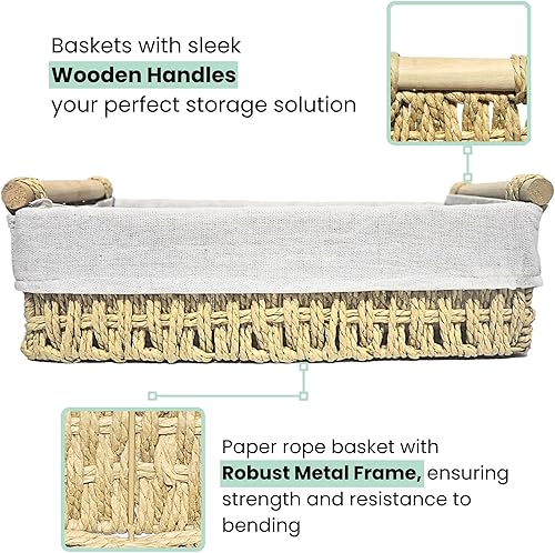 Miniatura 3 de Stackzey Cestas de baño para organizar, juego de 3 cestas de almacenamiento de papel higiénico para encimera con asas de madera decorativas,