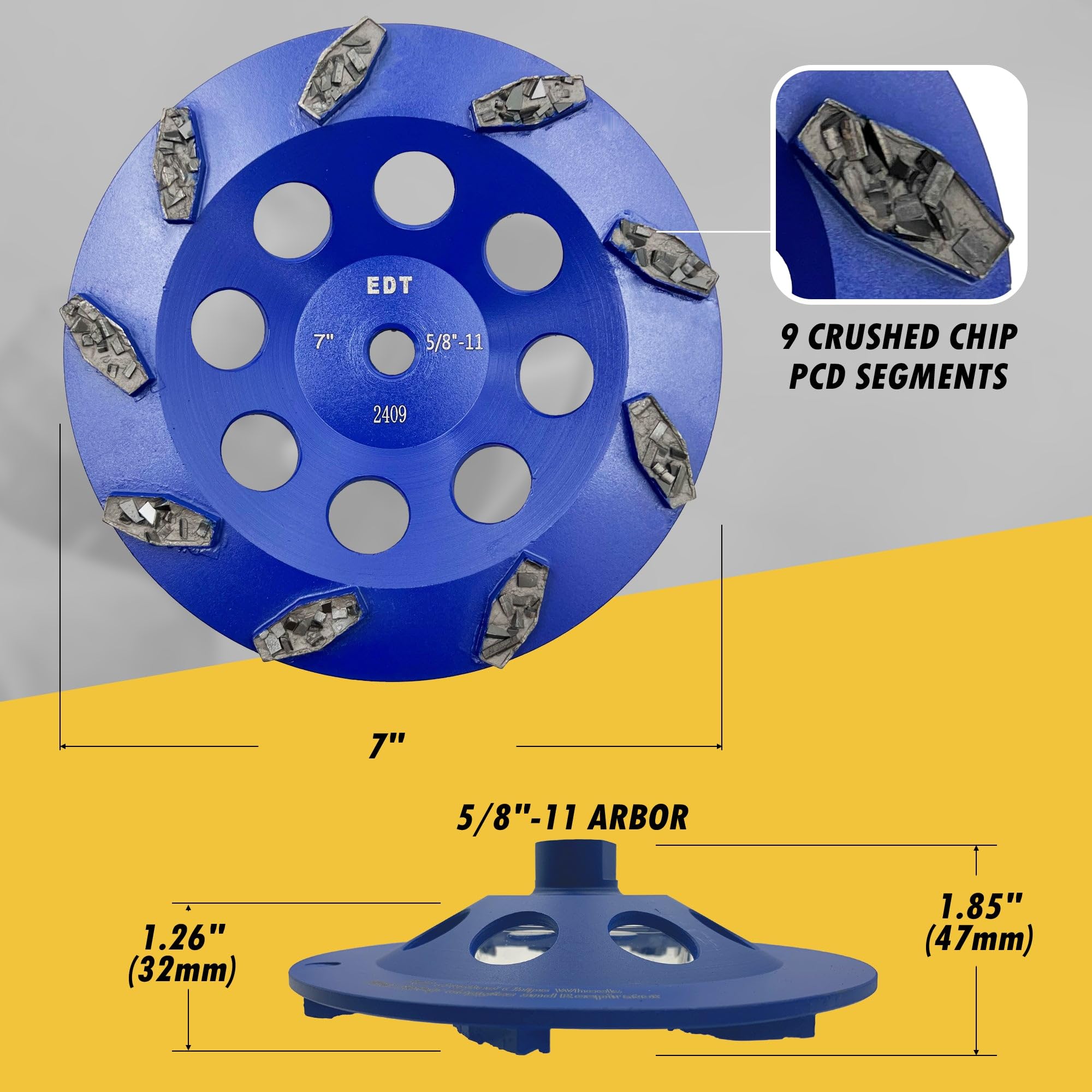 17,8 cm PCD-Schleifscheibe für Epoxidharz, Kleber, Mastix und Farbe, 9 zerkleinerte PKD-Segmente, 5/8-Zoll-11 Gewindedorn