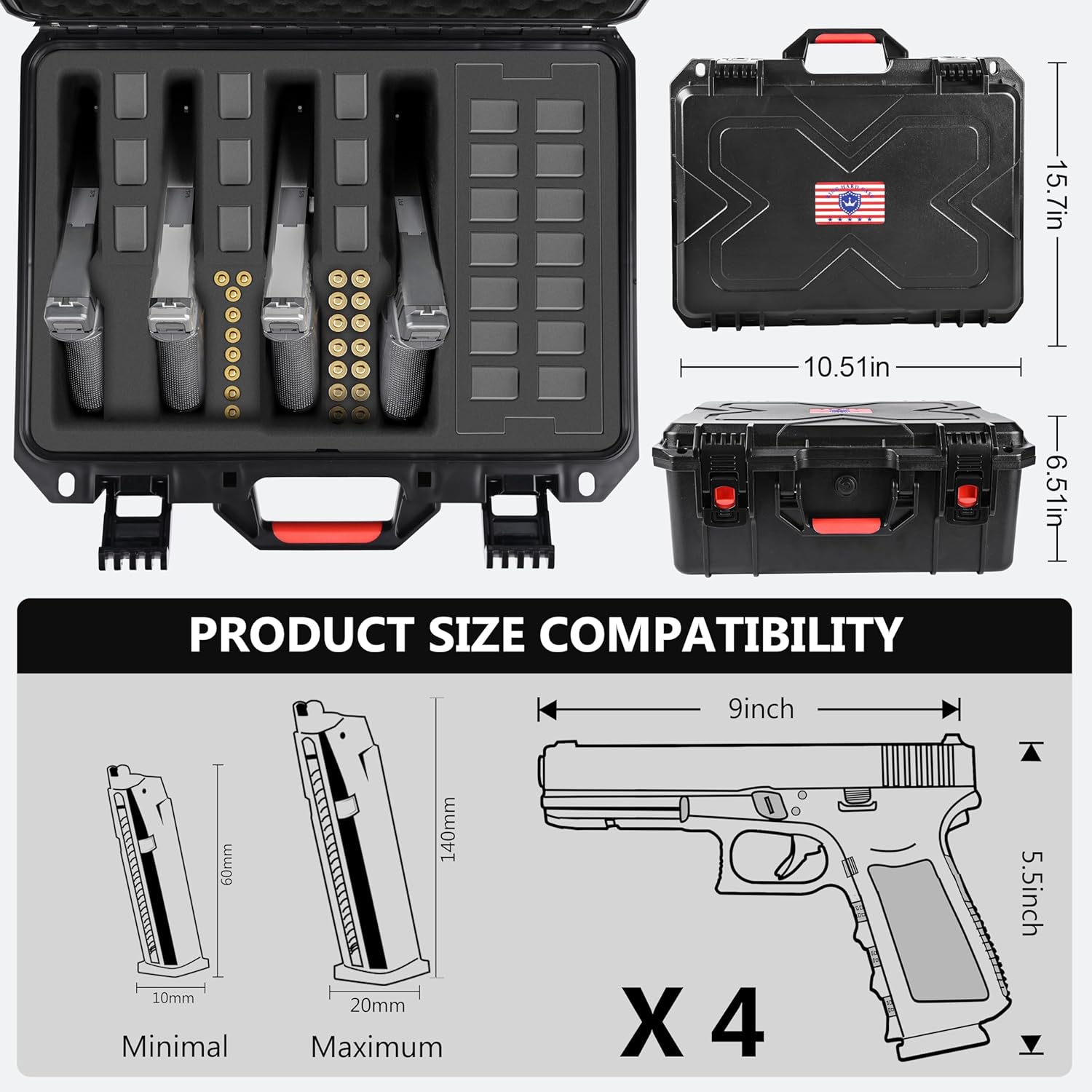 Gun Cases for Handguns, 5 Pistol Case & 21 Magazine Pre-Cut Multiple Pistols Shockproof Waterproof Hard Pistol Cases with Desiccant TSA Approved Firearm Travel Case - Image 3