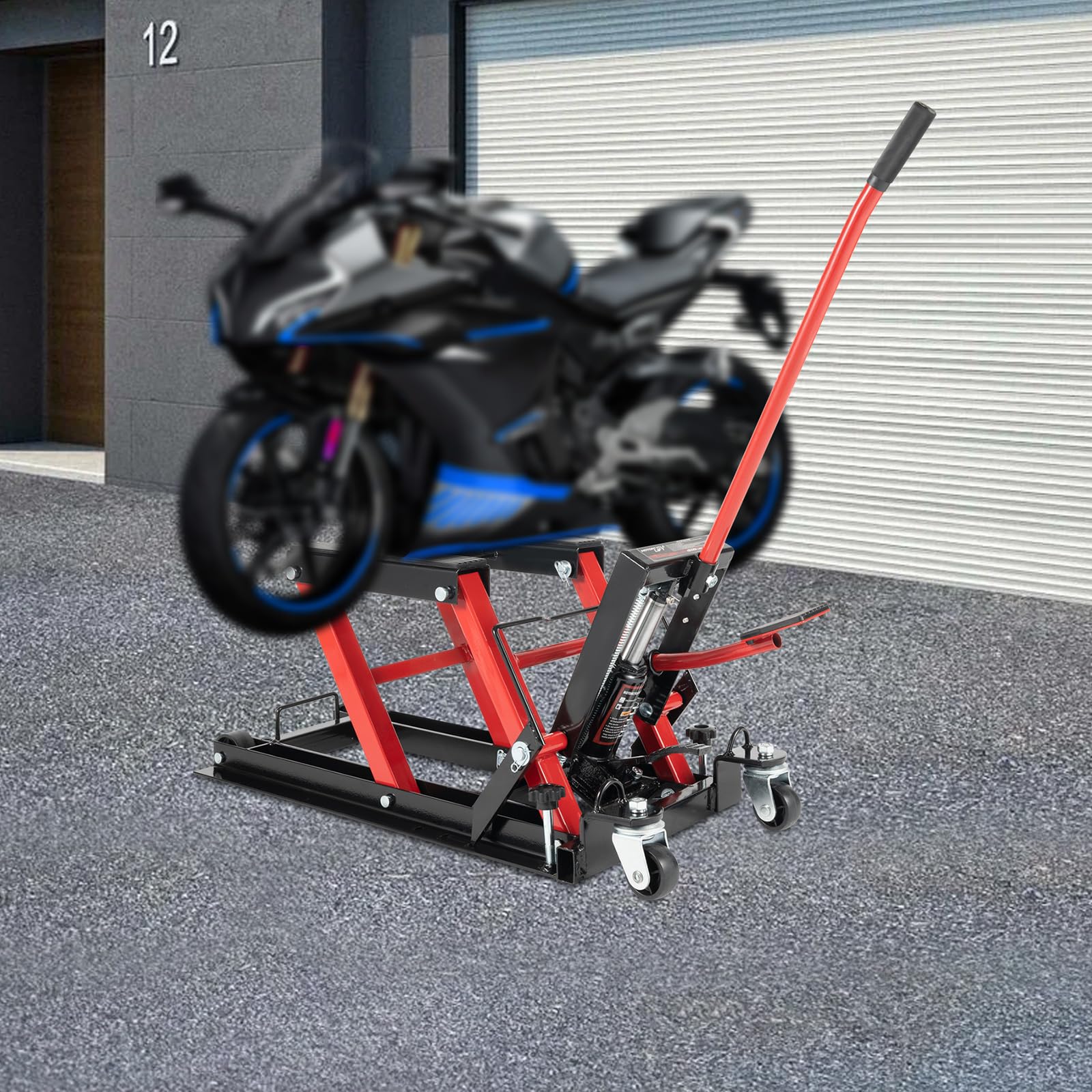 Elevador hidráulico de motocicleta, capacidad de carga de 680 kg, mayor seguridad gracias a tres niveles, plataforma elevadora de motocicleta con superficie antideslizante y sistema hidráulico