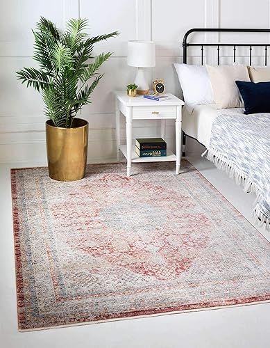 Unique Loom Noble Collection - Alfombra de área tradicional, envejecida, vintage, geométrica, con borde, 4 pies 0 pulgadas x 5 pies 7 pulgadas,