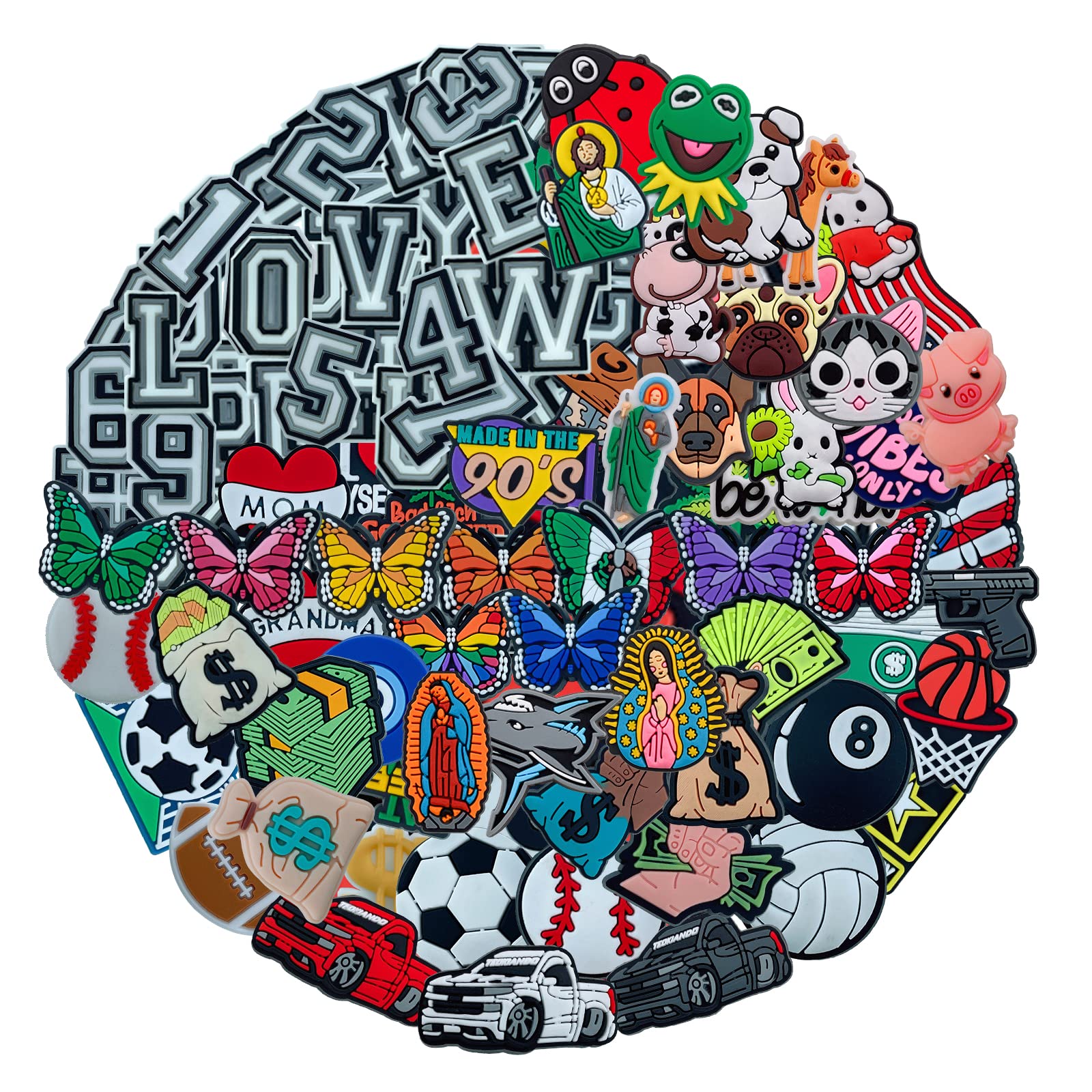 68,100 Pcs Random Letters Numbers Shoe Charms for Teen Boys Girls, Sports Cute Pink Charms for Men Women Adult, Money Basketball Football Car Zodiac Charms Pins for kids Accessories