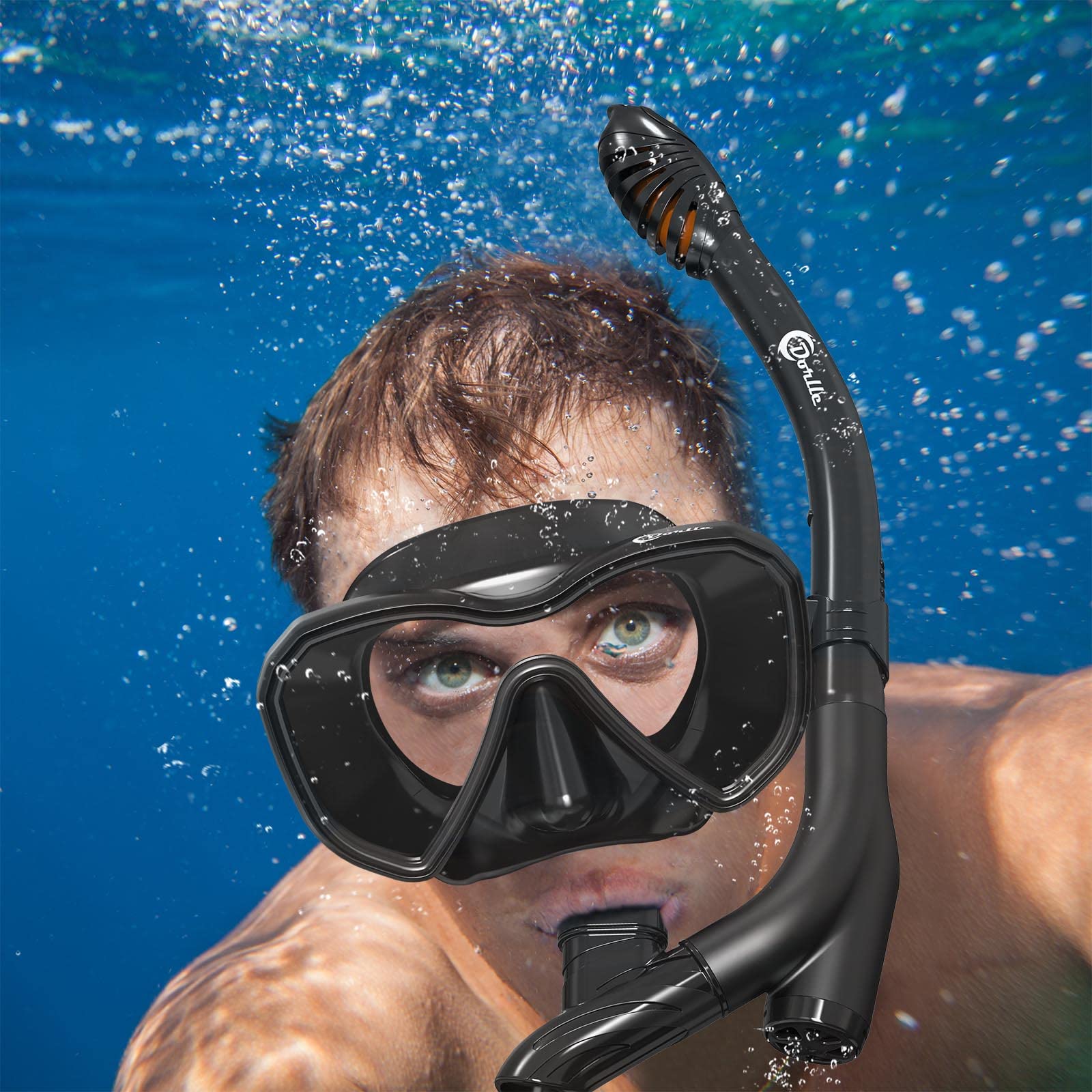 Dorlle Gafas de Buceo Adulto, Máscara de Esnórquel Panorámica 180°,Mascara Buceo Impermeable, Antivaho, con Cristal Endurecido y Gafas Snorkel Seco de 3 Canales para Hombres Mujeres