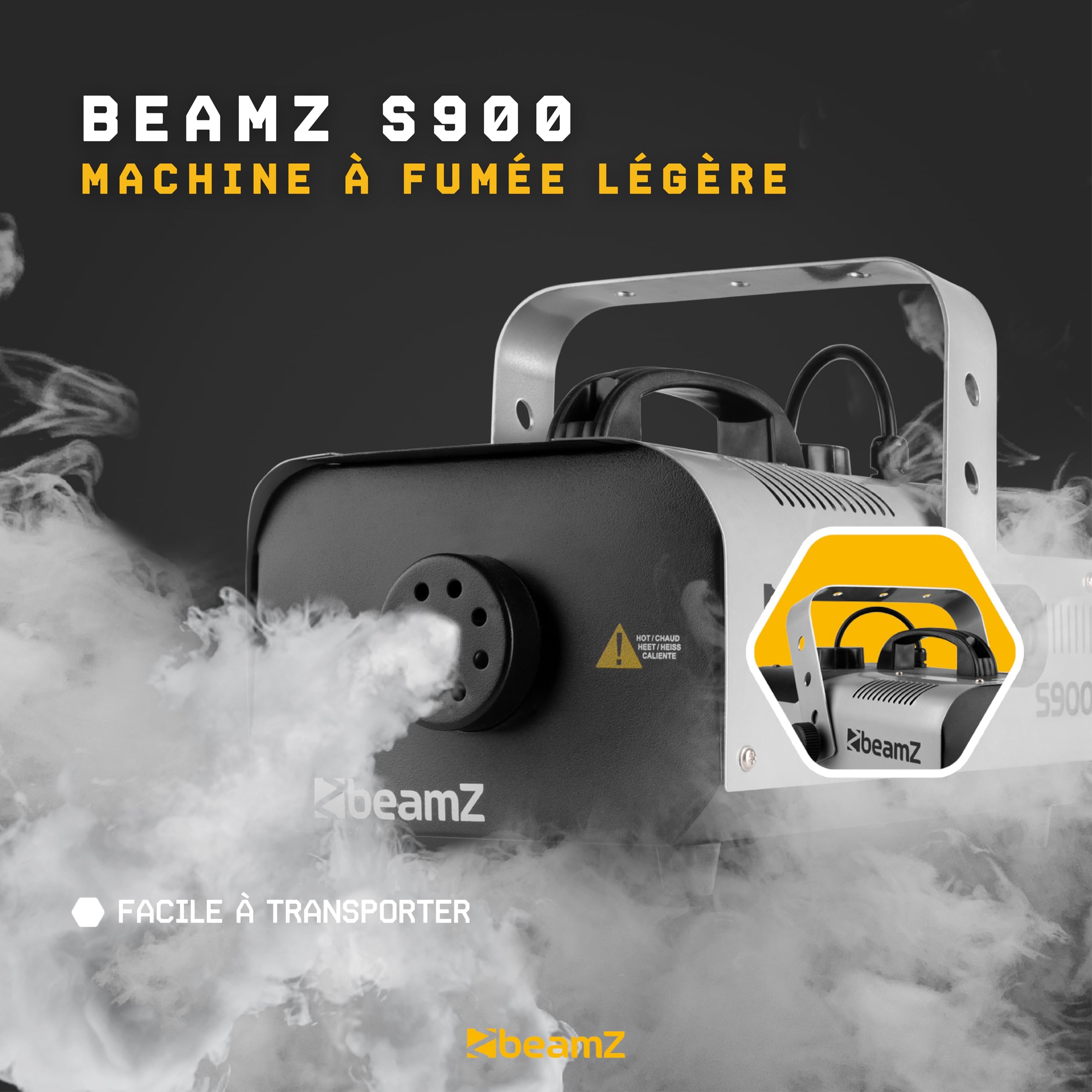 BeamZ S900 Machine à Fumée Solide et Portable, 900 Watts, Télécommande 3 m, Réservoir 1 L, Préchauffe Avant Utilisation : 3 minutes 30, Idéal pour votre Soirée avec des Jeux de Lumière