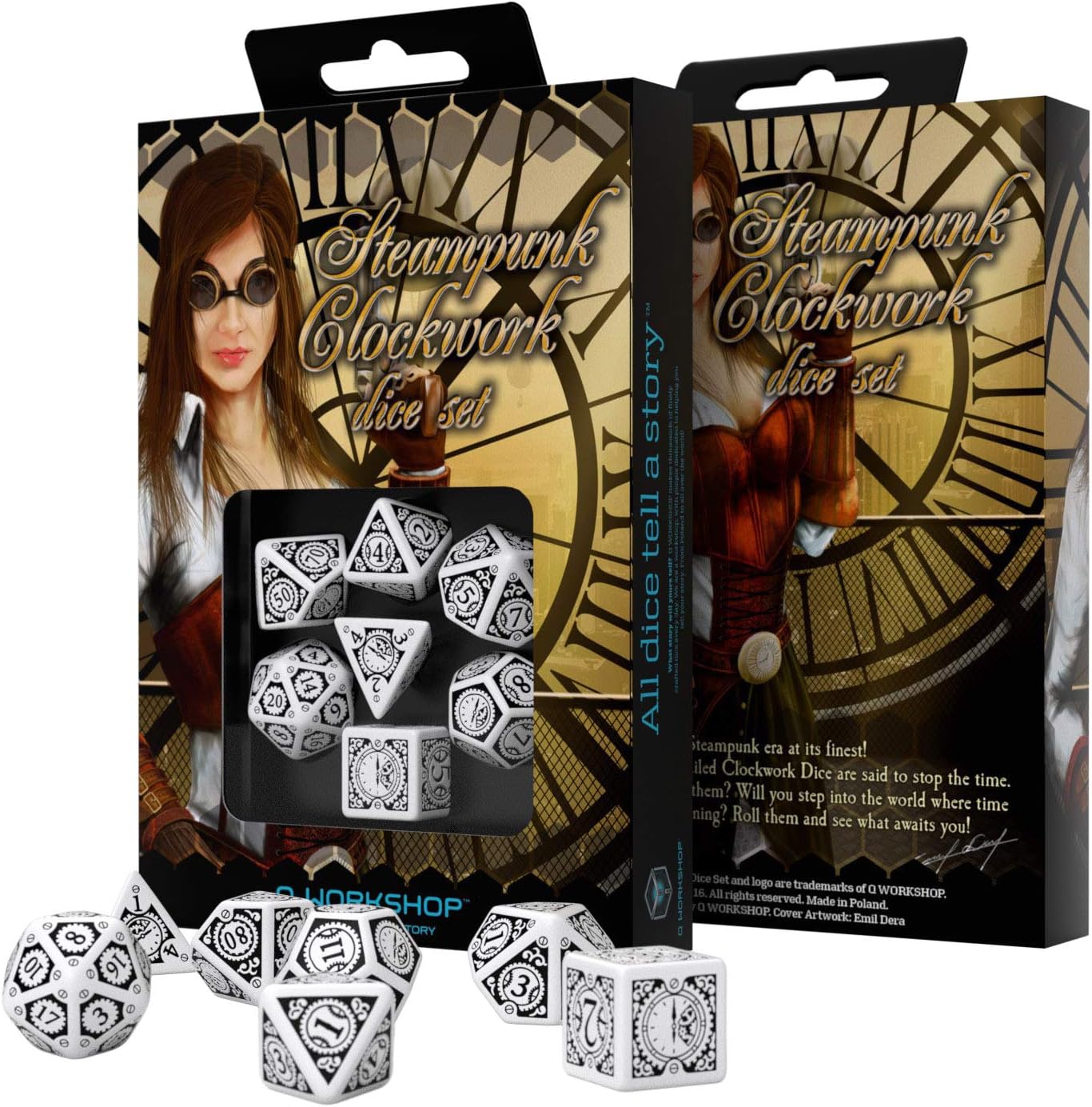 Q WORKSHOP Steampunk Clockwork White & Black RPG Dice Set 7 Polyhedral Pieces