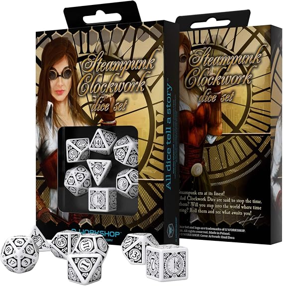 Q-Workshop Steampunk Clockwork White/Black Dice Set, Dice Set | Dice Set, 1+ players, Ages 14+, Steampunk Clockwork White/Black, Q-Workshop