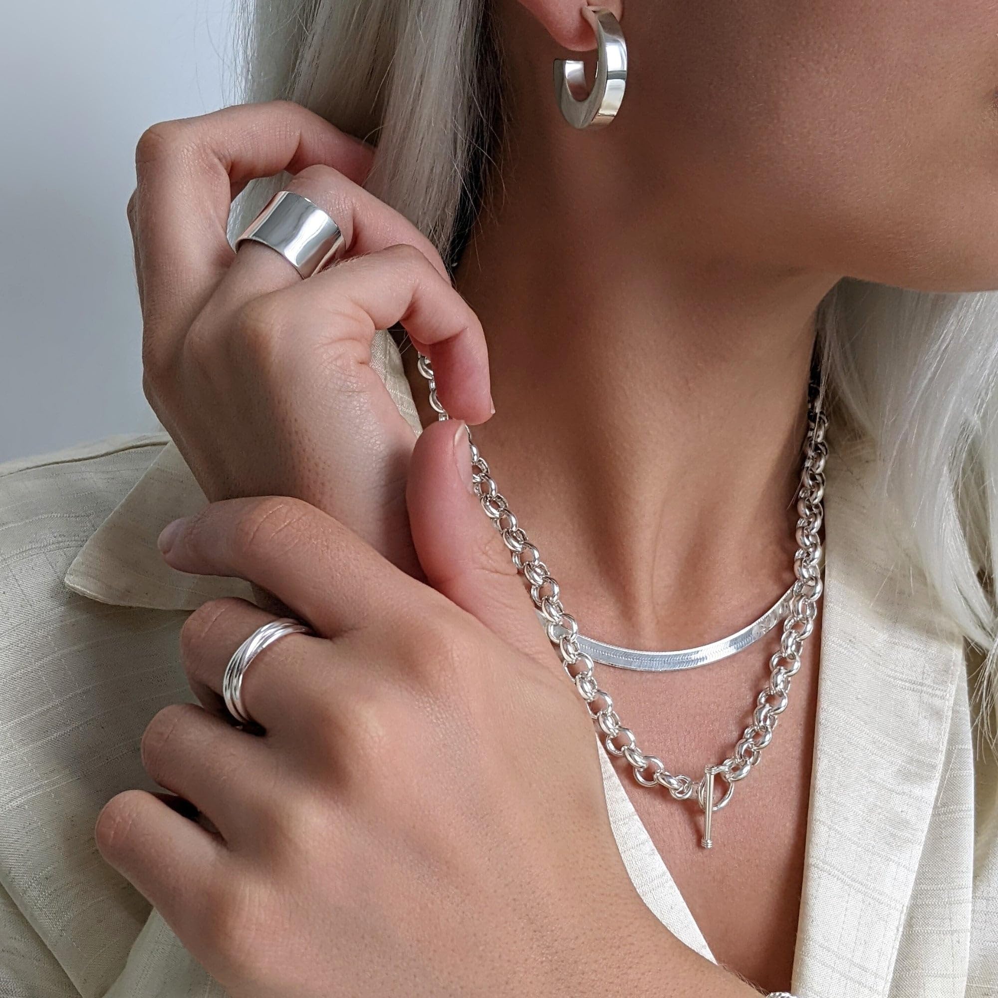 Silverly Breiter Zigarrenring aus 925er Silber für Damen | Daumenring mit Flacher Kante aus Sterlingsilber | Polierte Klobige Herrenringe aus Silber | Einfaches Minimalistisches Glattes Dickes Ehering