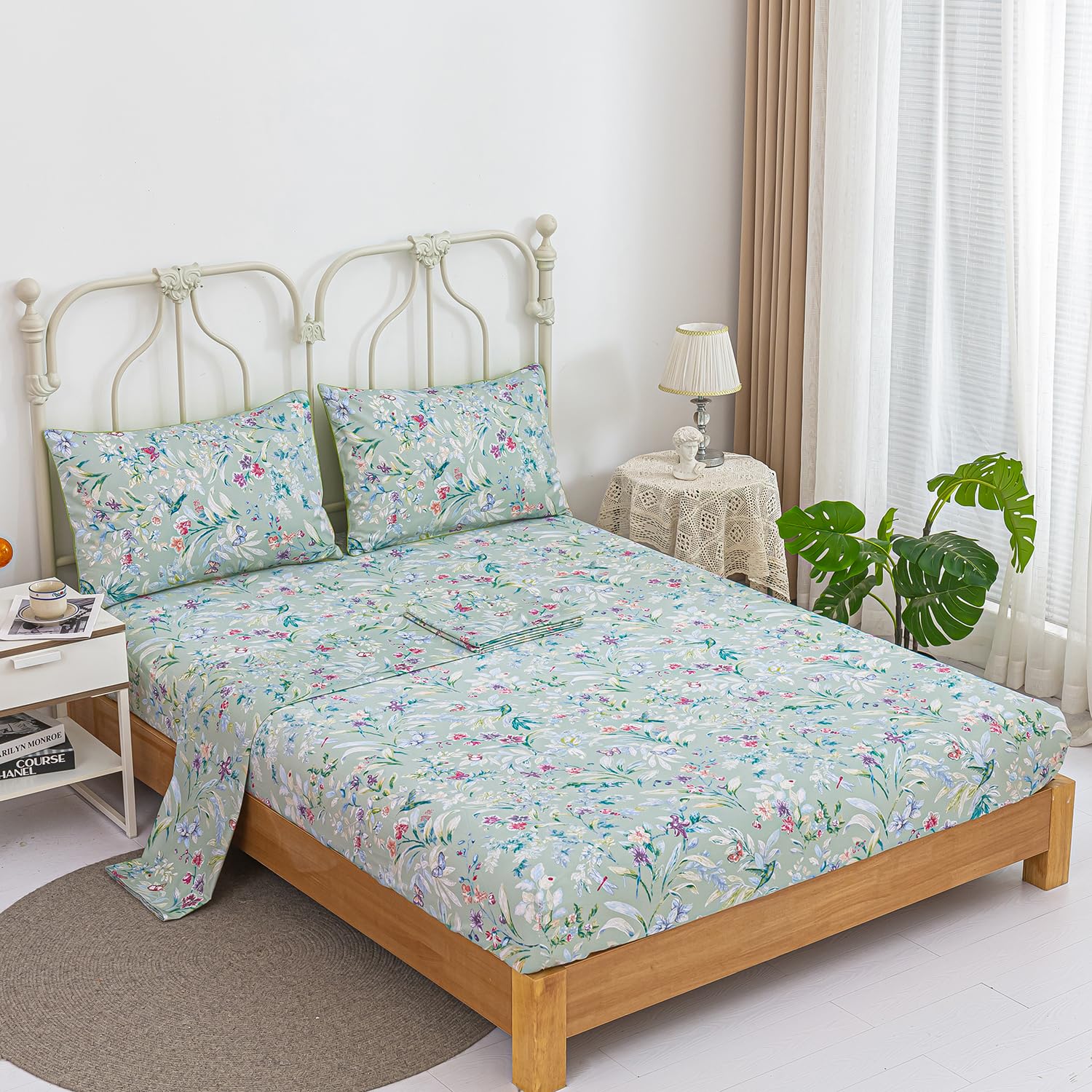 4 Piece Full Bed Sheets Green Fitted Bed Sheets Floral Bed Set with Sheets Green Full