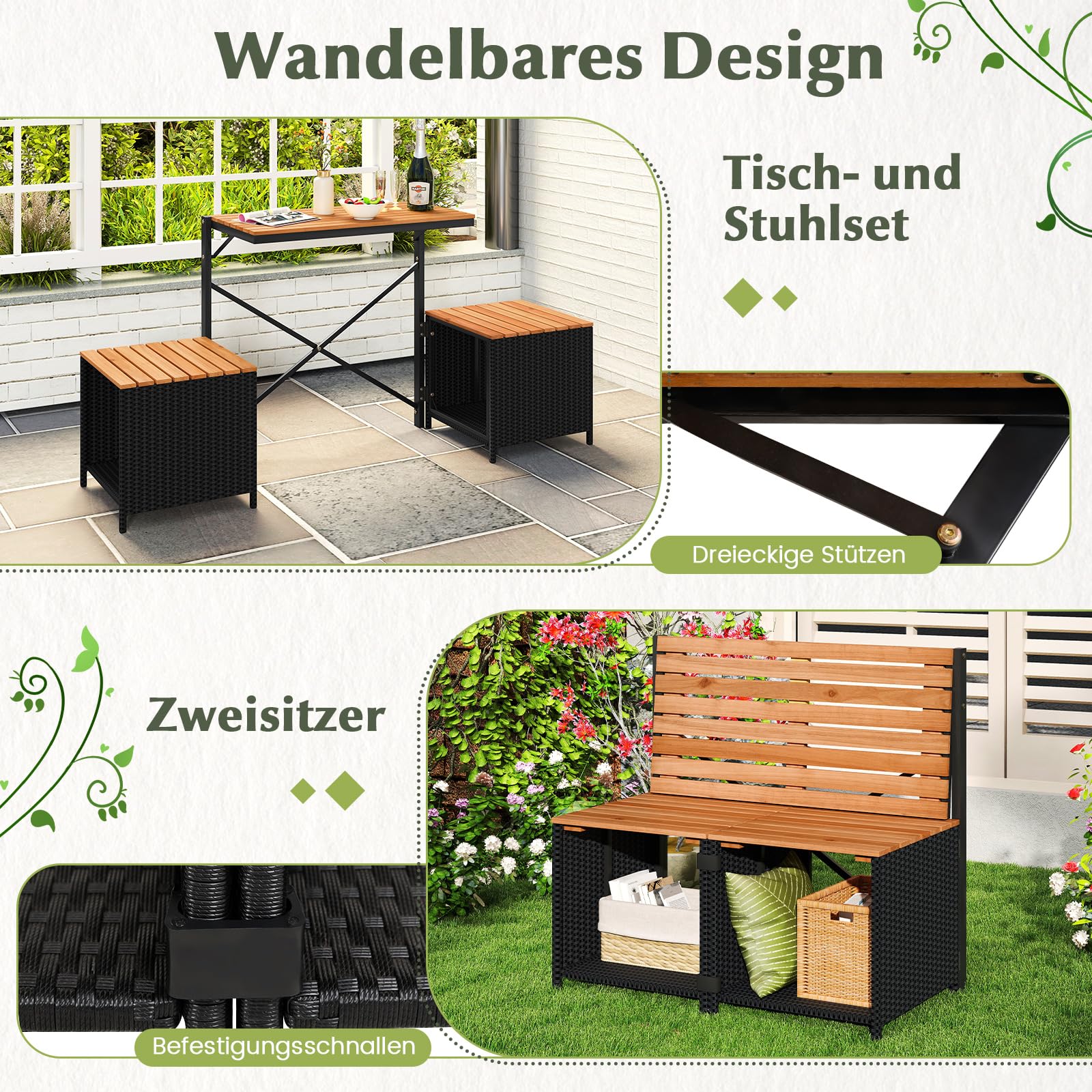 COSTWAY 2 in 1 Gartenbank, wandelbarer Picknicktisch & Sitzbank (Schwarz) | Balkonset, Balkonmöbel Kleiner Balkon, Sitzgruppe, Sitzgarnitur für Garten, Terrasse