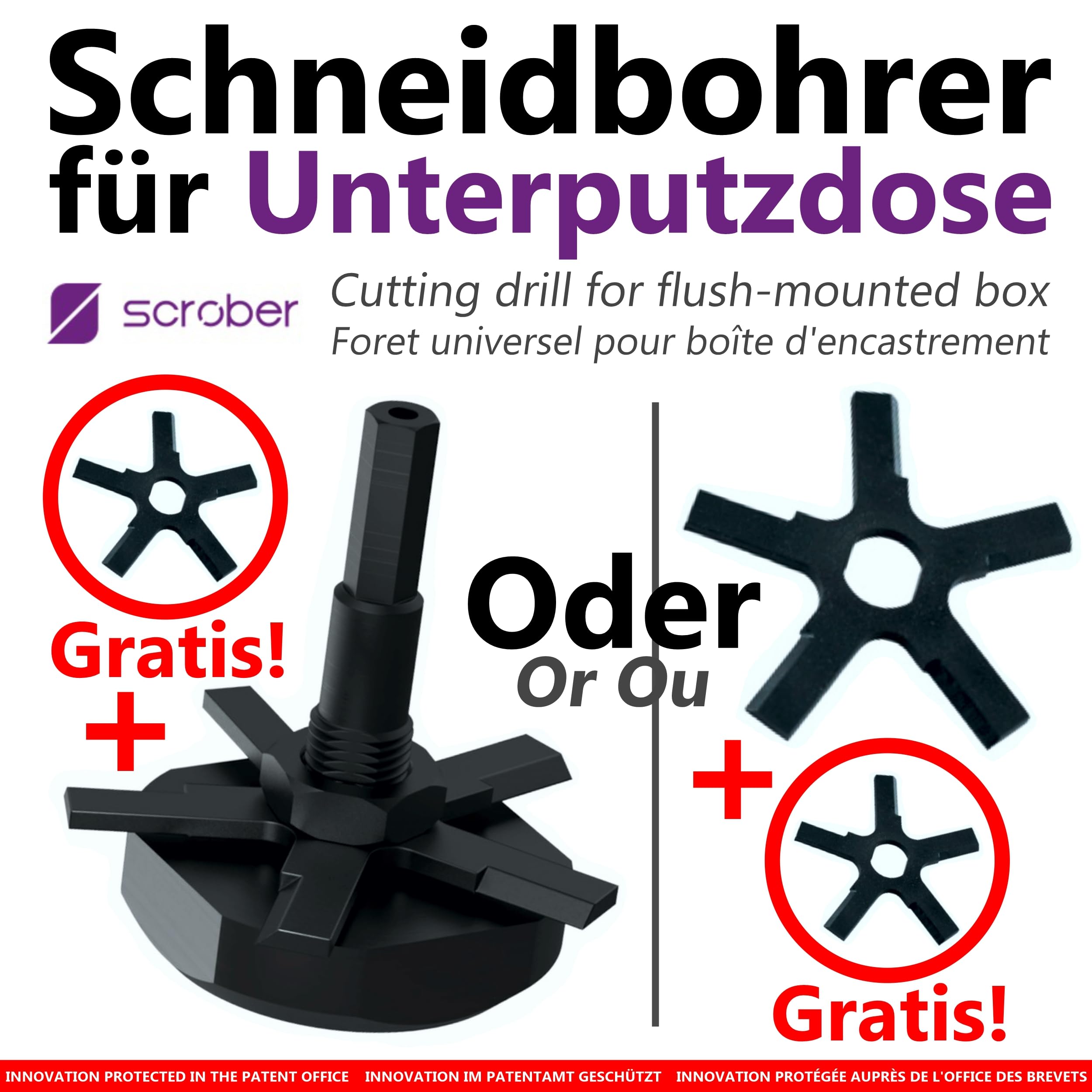 Uniwersalne ∅ 65 mm Wiertło Tnące do Puszki Podtynkowej | Nóż Gratis | do wszystkich wiertarek i wkrętarek | do wystających puszek, dla tynkarzy, elektryków, do renowacji domu (SCROBER + nóż)