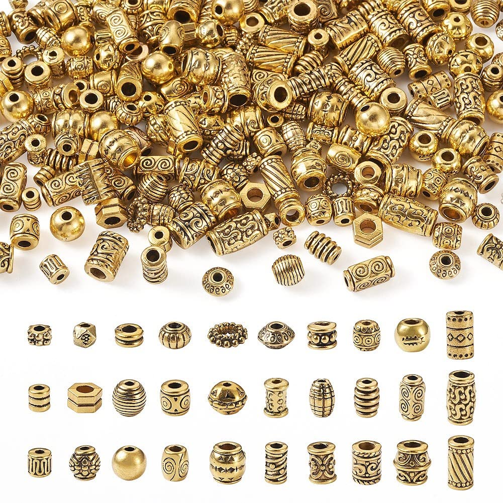 Spritewelry 300pcs Antique Gold Spacer Beads for Jewelry Making Tibetan Alloy Column Barrel Metal Beads 15 Styles for Jewelry Making Bracelets Necklace Braids Hair Decoration