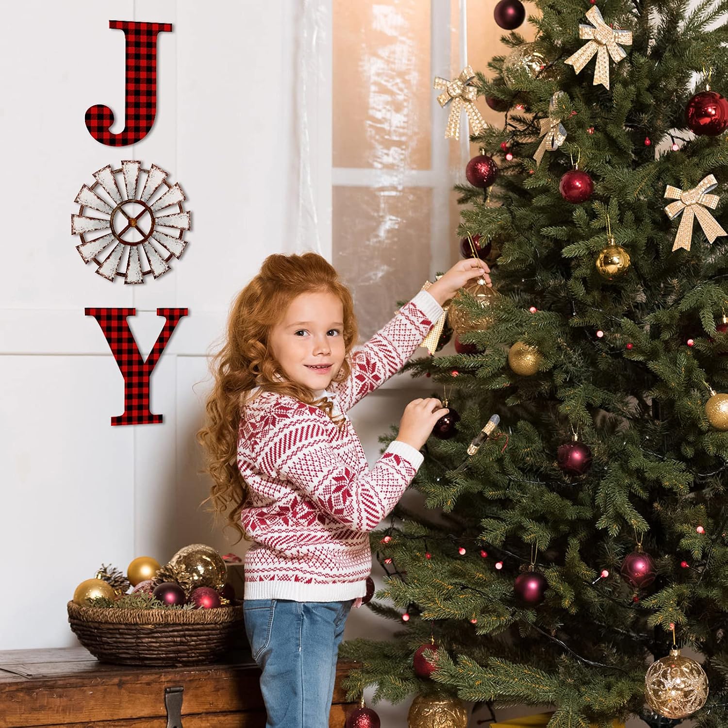 Blulu 3 Pcs Christmas Joy Letter Sign Buffalo Check Plaid Letter 12 Inch Wooden Large Joy Sign Rustic Plaid Wood Windmill Wall Sculpture Home for Christmas Farmhouse