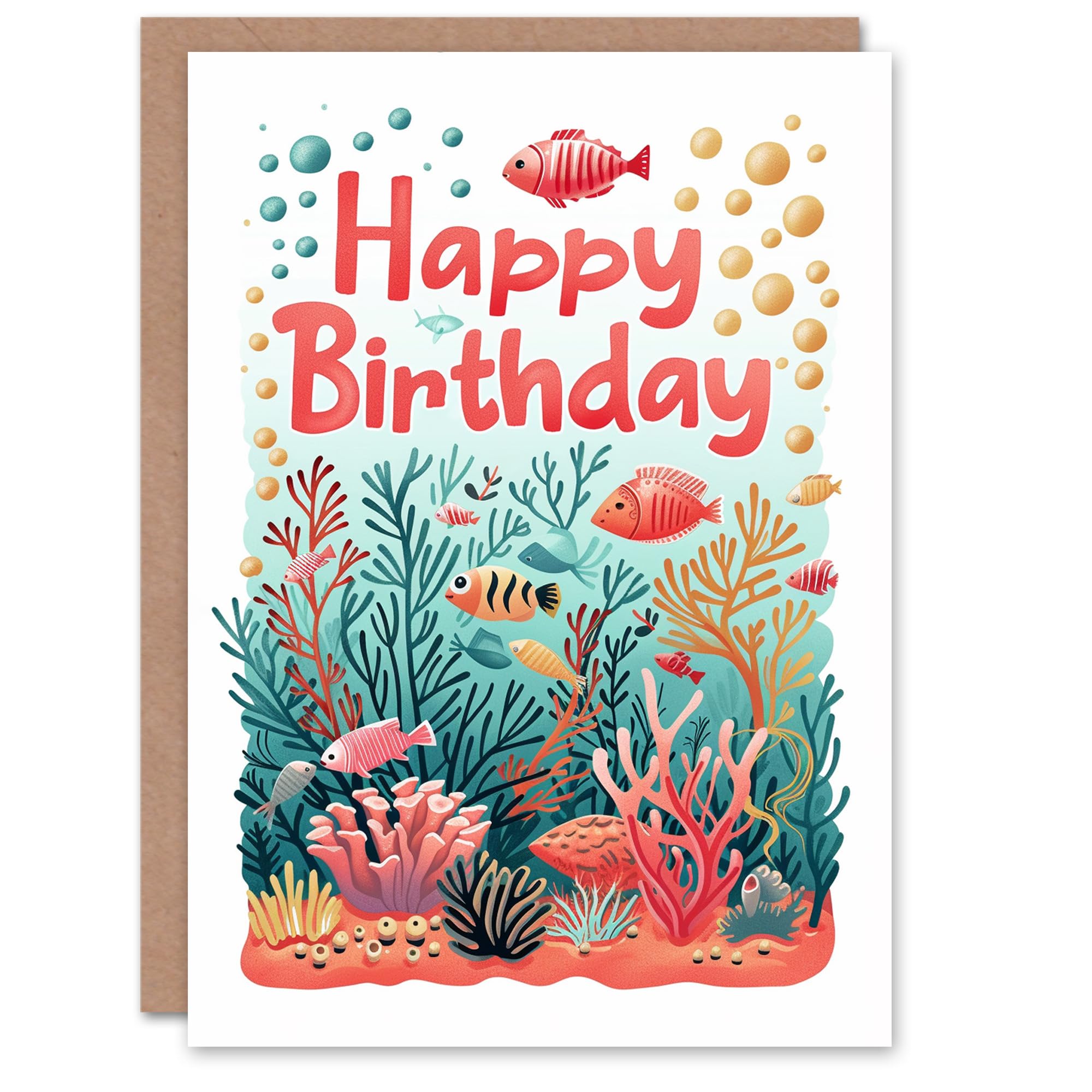 Artery8 Birthday Card Under the Sea Fish Coral Sealife Simple Fun For Him Her Man Woman Girl Boy Wife Husband Greeting Card