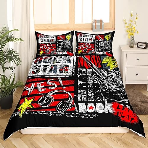 Miniatura 3 de Manfei Juego de funda de edredón con diseño de rock roll, juego de ropa de cama de 3 piezas con estampado de auriculares y guitarra, para decoración