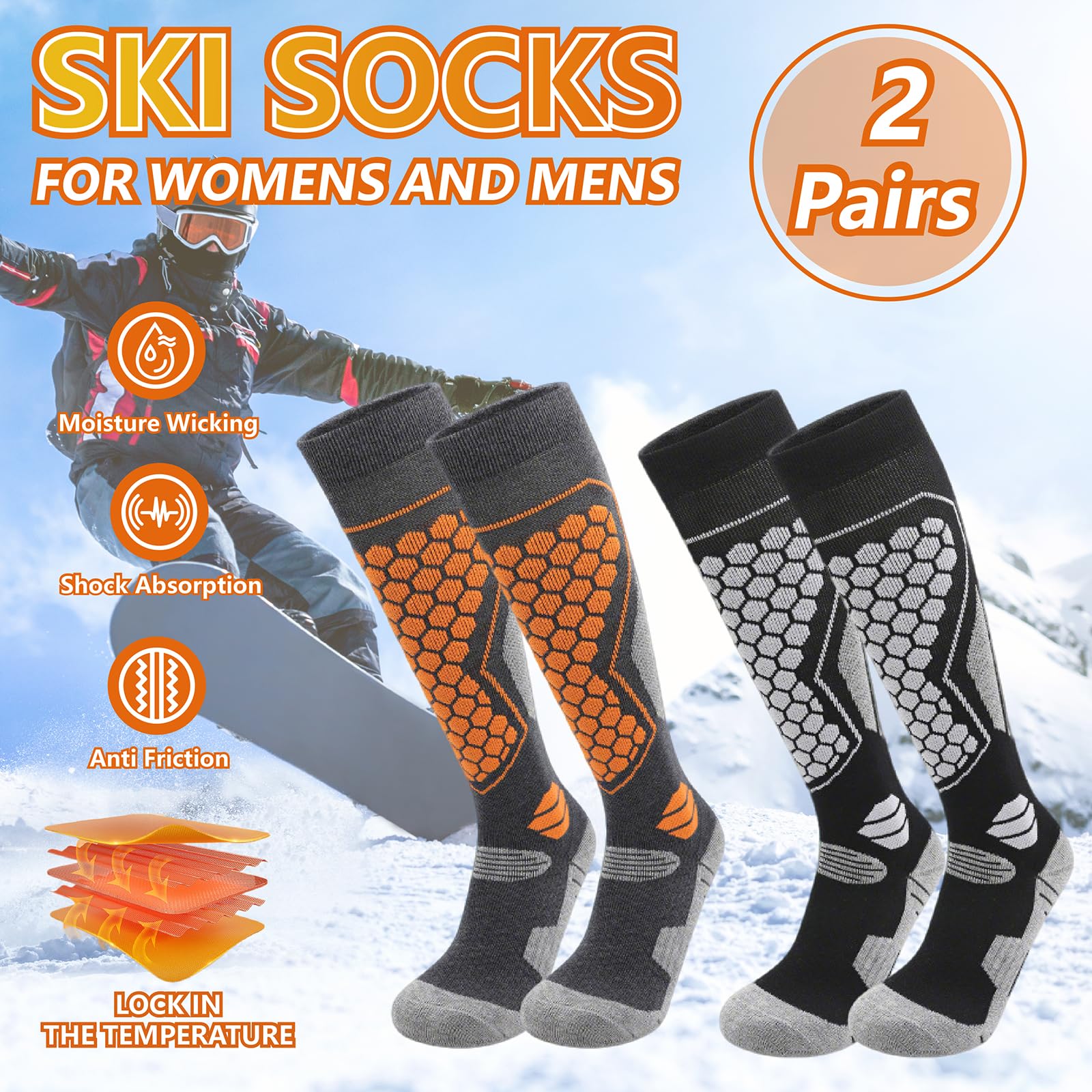 2 Paar Skisocken Damen, Ski Socken zum Skifahren Atmungsaktive Schnelltrocknende, Skistrümpfe mit Polsterung