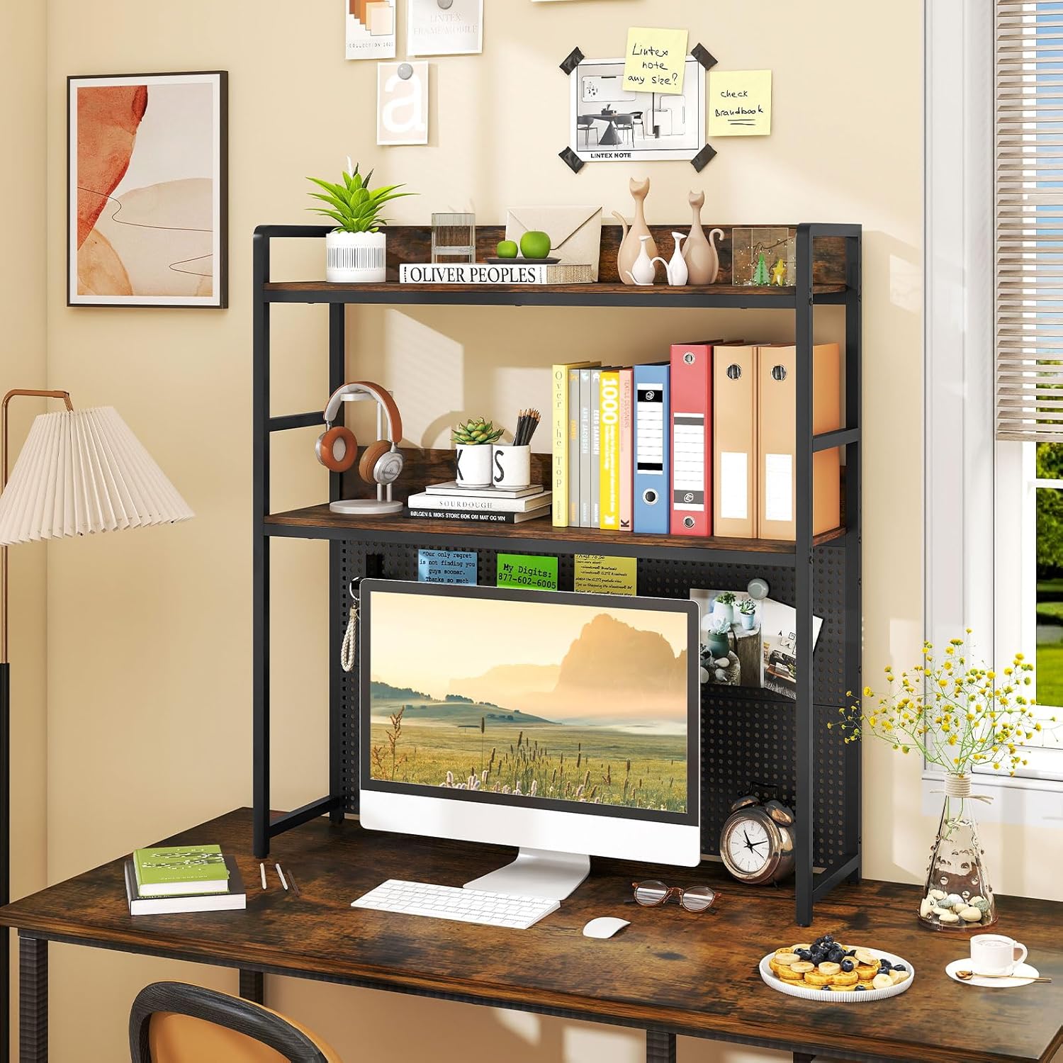 Desk Hutch, 37" Desktop Bookshelf with Pegboard, Countertop Storage Hutch for Computer Monitor, 2-Tier Desk Display Rack, Desktop Organizer Shelf for Dorm Home Office, Rustic Brown