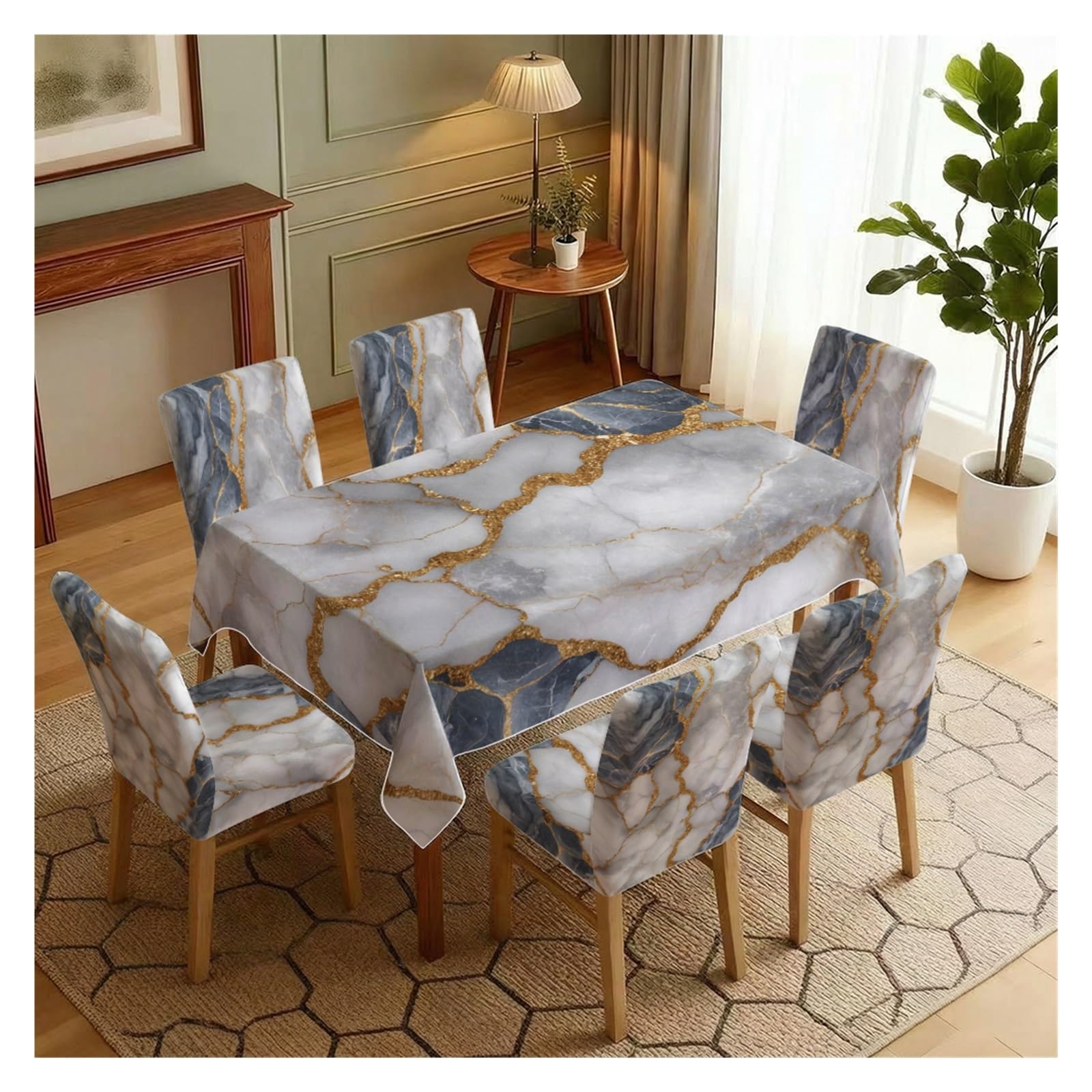 BOSUYBN Dark Grey Gold Marble Texture Printed Dining Tablecloth & Chair Covers Set, 5/7 Piece Modern Luxury Home Decor Table Setting(7pcs Set: Tablecloth+Chair Covers)