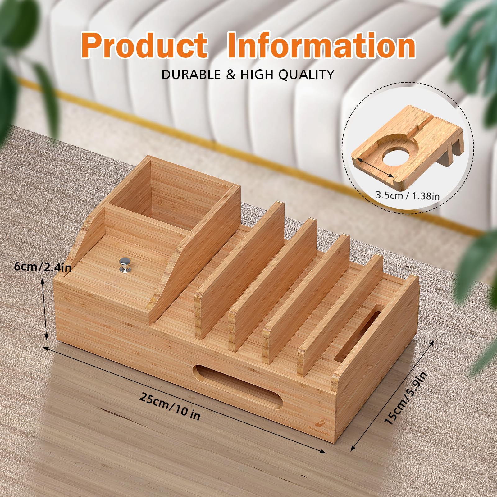 Station de charge en bambou pour plusieurs appareils avec chargeur USB 5 ports, 6 câbles de charge et support de montre intelligente. Station d'accueil de bureau en bois pour téléphone portable,