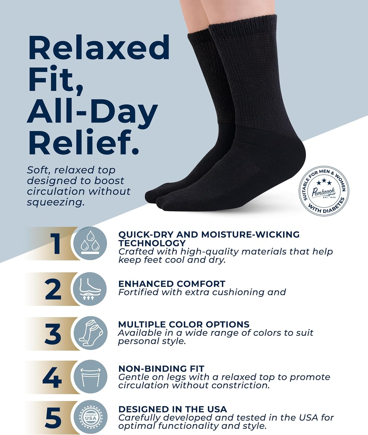 Pembrook Cotton Diabetic Socks for Men - 5 Pairs Crew Mens Diabetic Socks, Non-Binding, Moisture-Wicking, Loose Fit - Image 3