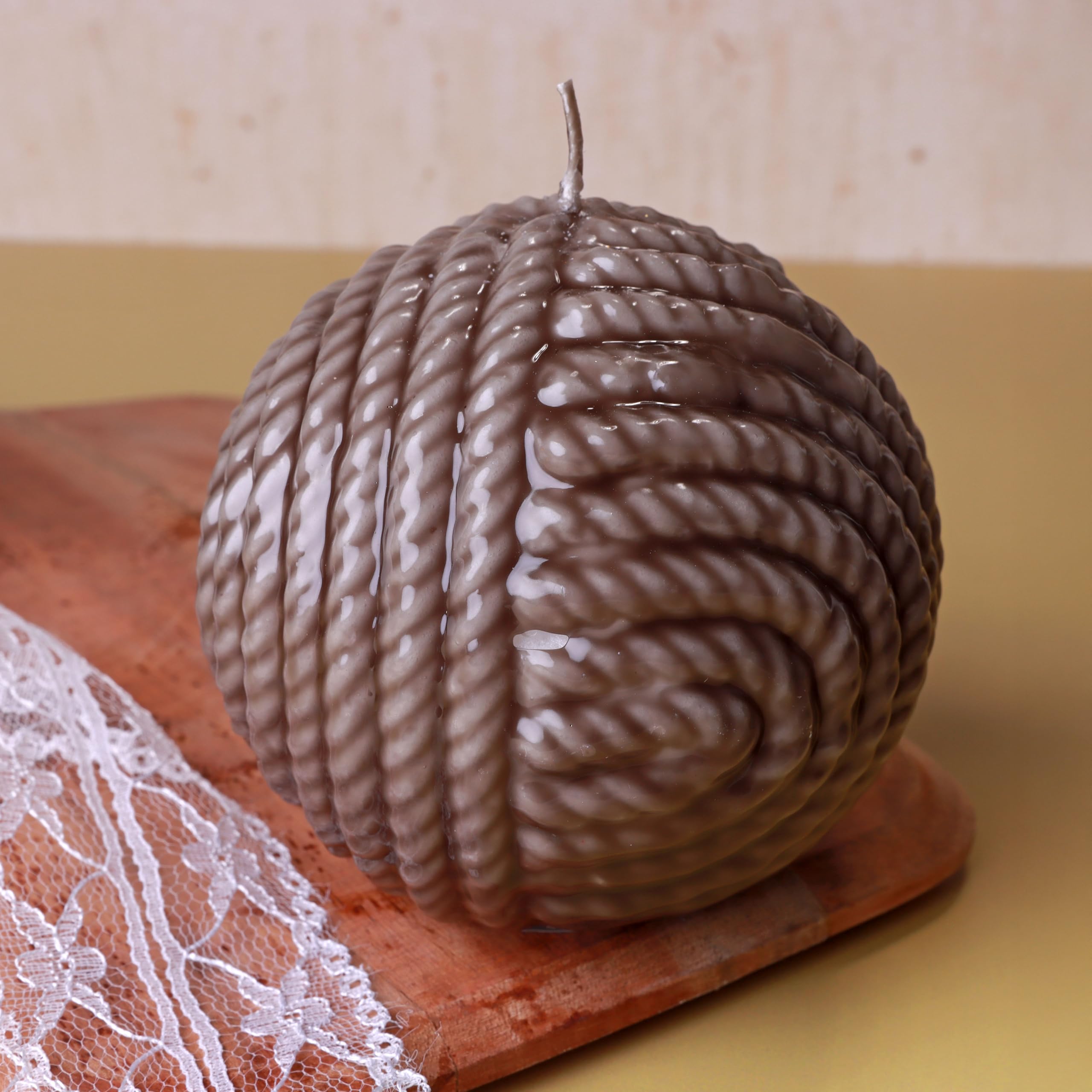 G Decor Wool Ball Effect Solid Detailed Pattern Lacquered Sphere Ball Candles for Anniversary, New Home, Christmas (Brown)