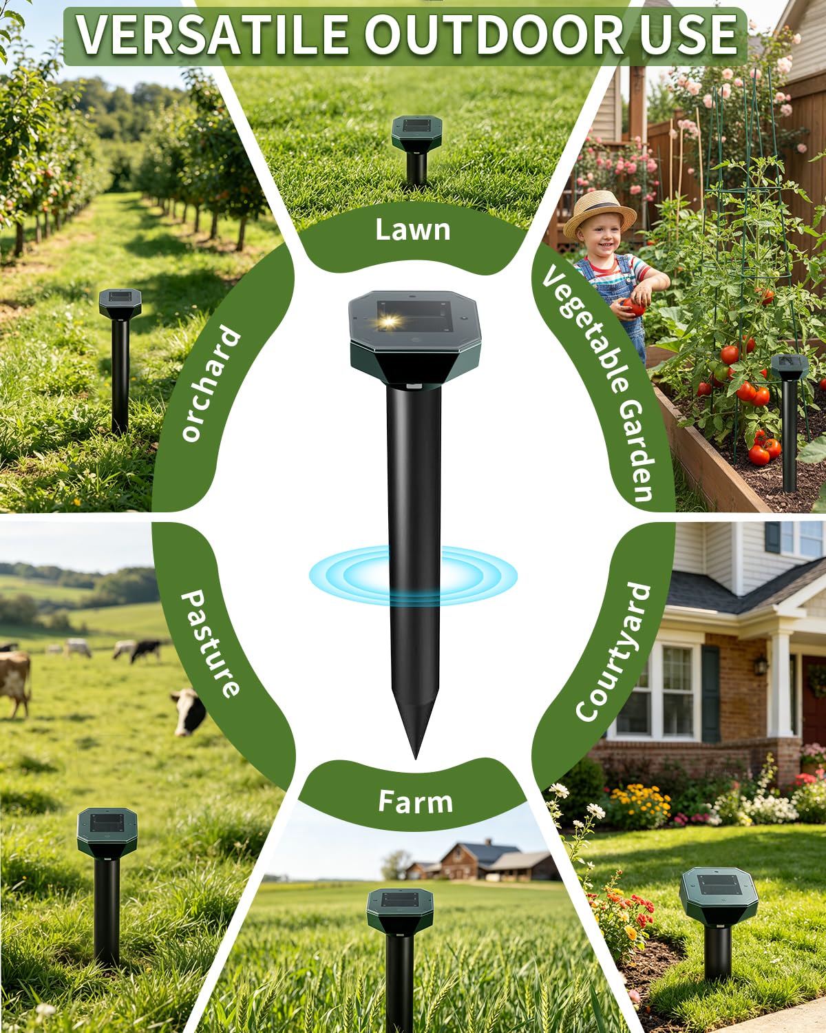 Snake & Mole & Rabbit & Skunk Repellent Solar Powered, 2026 Upgraded Ultrasonic Deterrent, IP65 Waterproof, Gopher Groundhog Chipmunk Raccoon and Vole Repellent & Deterrent for Lawn & Garden, 4 Pack
