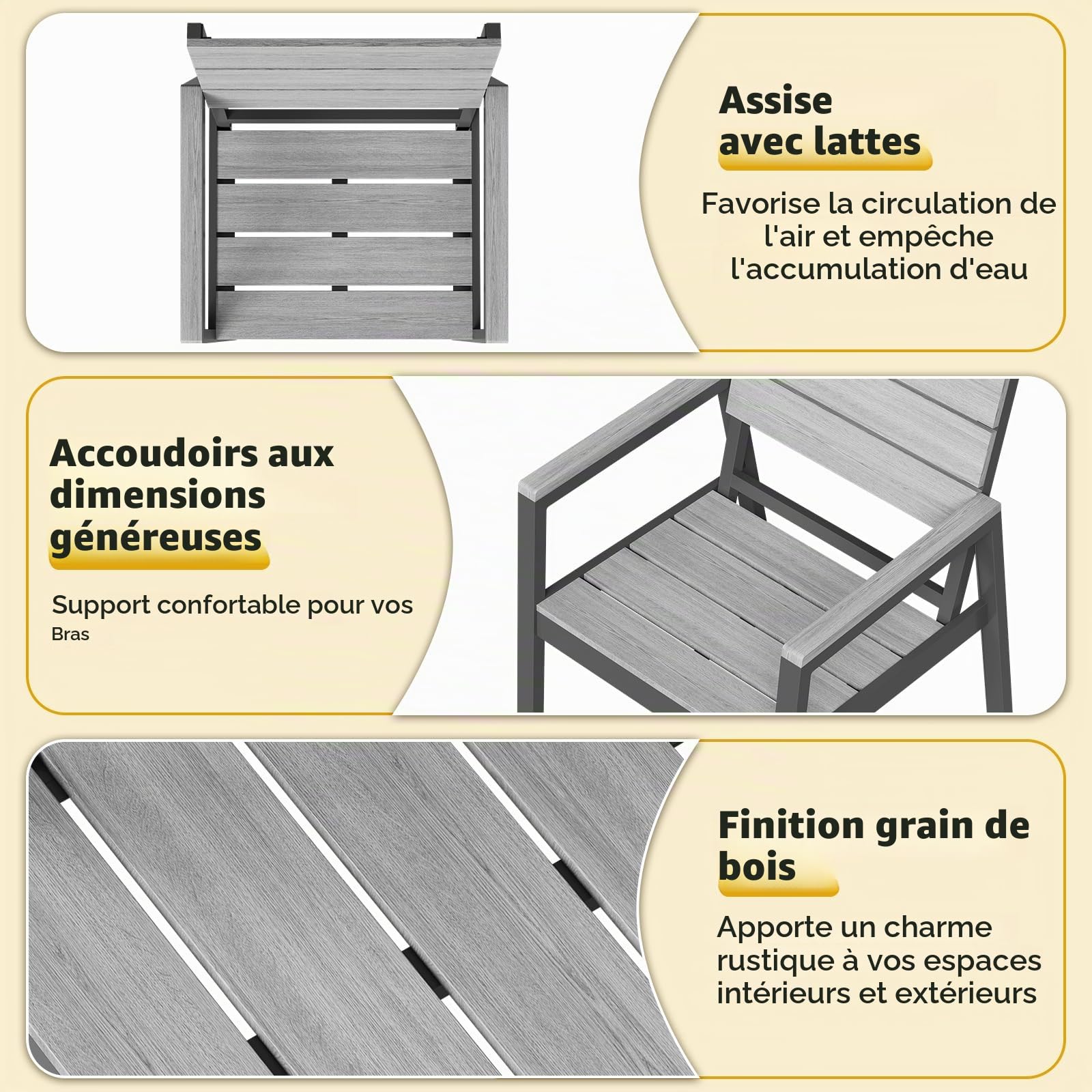 JUMMICO Chaise de Jardin Extérieur en Aluminium Aspect Bois - Antirouille, Facile à Nettoyer et Imputrescible, Charge Maximale 160kg, pour Jardin, Cour, Balcon