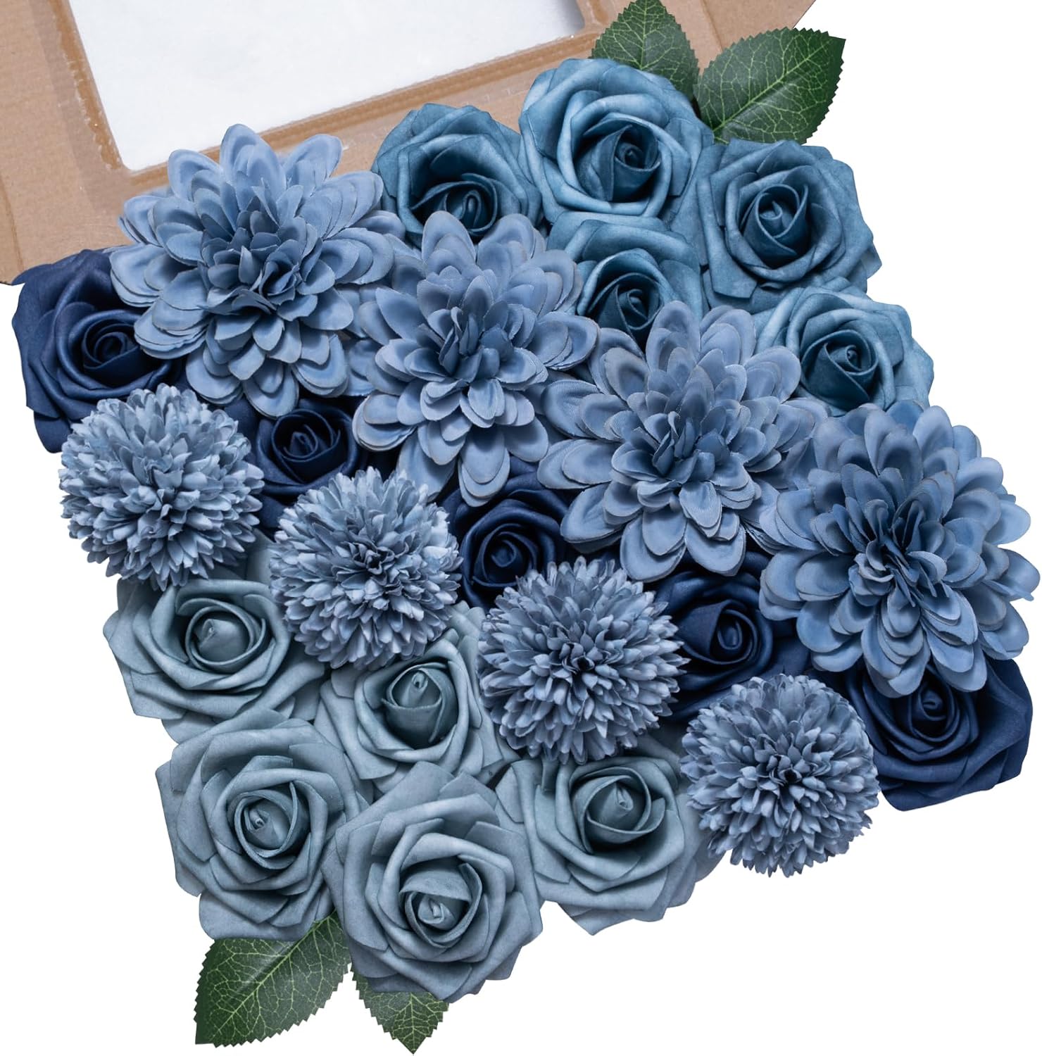 Dusty Blue Flowers Artificial Roses Combo Set Faux Blue Silk Flowers Fake Roses Mix Chrysanthemum Dahlia with Stems for Wedding Bouquets Baby Bridal Shower Party Floral Arrangements Decor