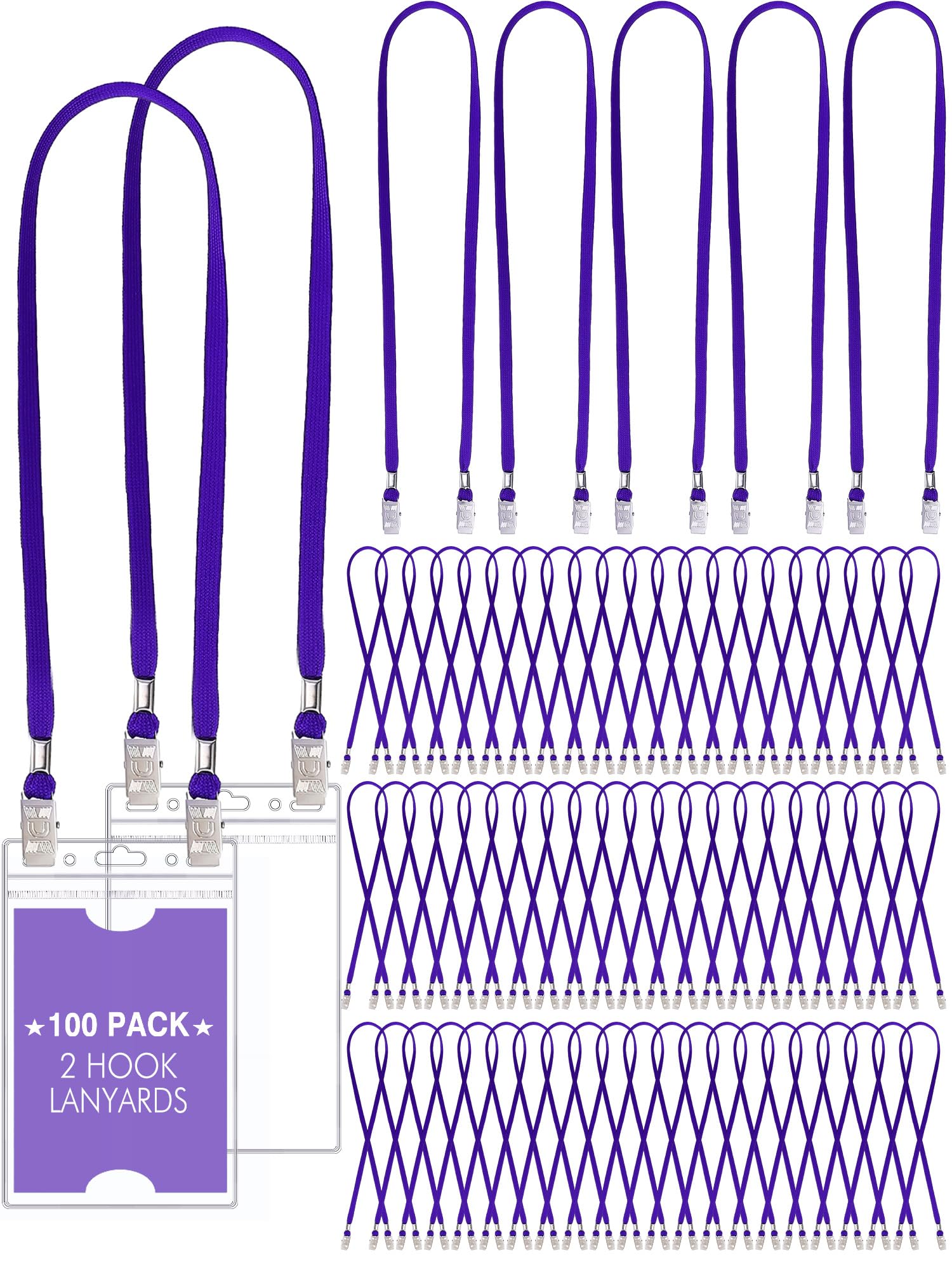 Patelai 100 Pack Twist Free Double Clip Lanyards Bulk 2 Hook Adjustable Neck Strap for ID Badge Face Mask Badge Holder for Back to School Office Conference Business Church Essential (Purple)