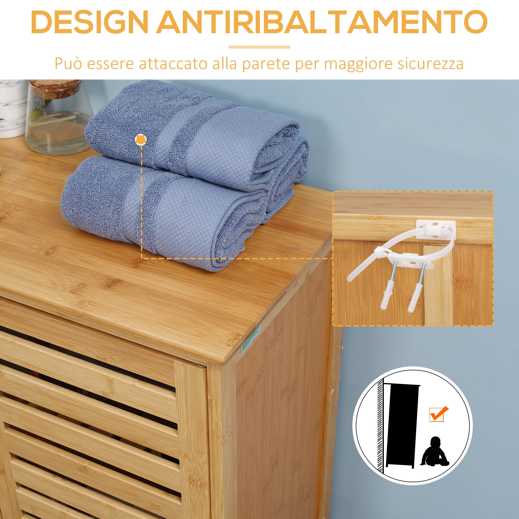 kleankin Mobile Bagno Moderno a 2 Ante, Armadietto da Bagno con 2 Ripiani Ventilati in Bambù, 68x32x86 cm, Color Legno