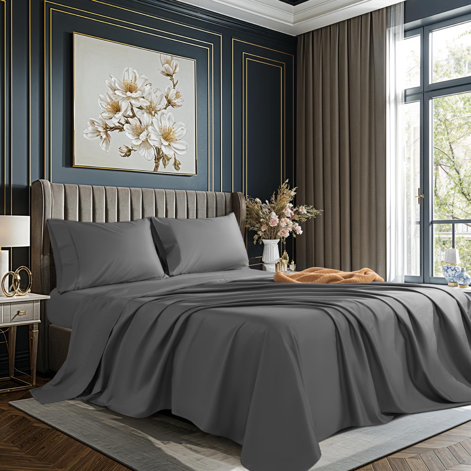 REDASW 100% Cotton Sheet Set 4 Pcs Queen Size Egyptian Cotton Sheets 1000 Thread Count Soft Breathable Sheet Set with 16" Deep Pocket Fitted Sheet (