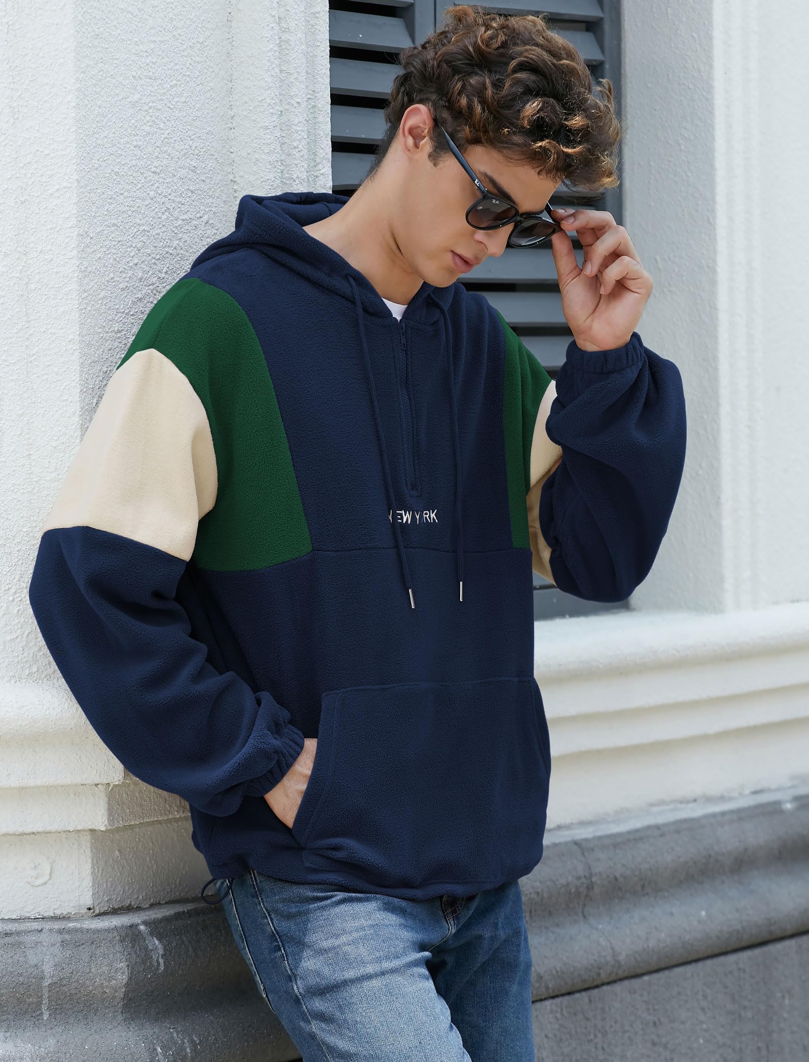ZAFUL Sudadera con capucha para hombre, diseño de bloques de color, con bordado de forro polar mullido, media cremallera, unisex