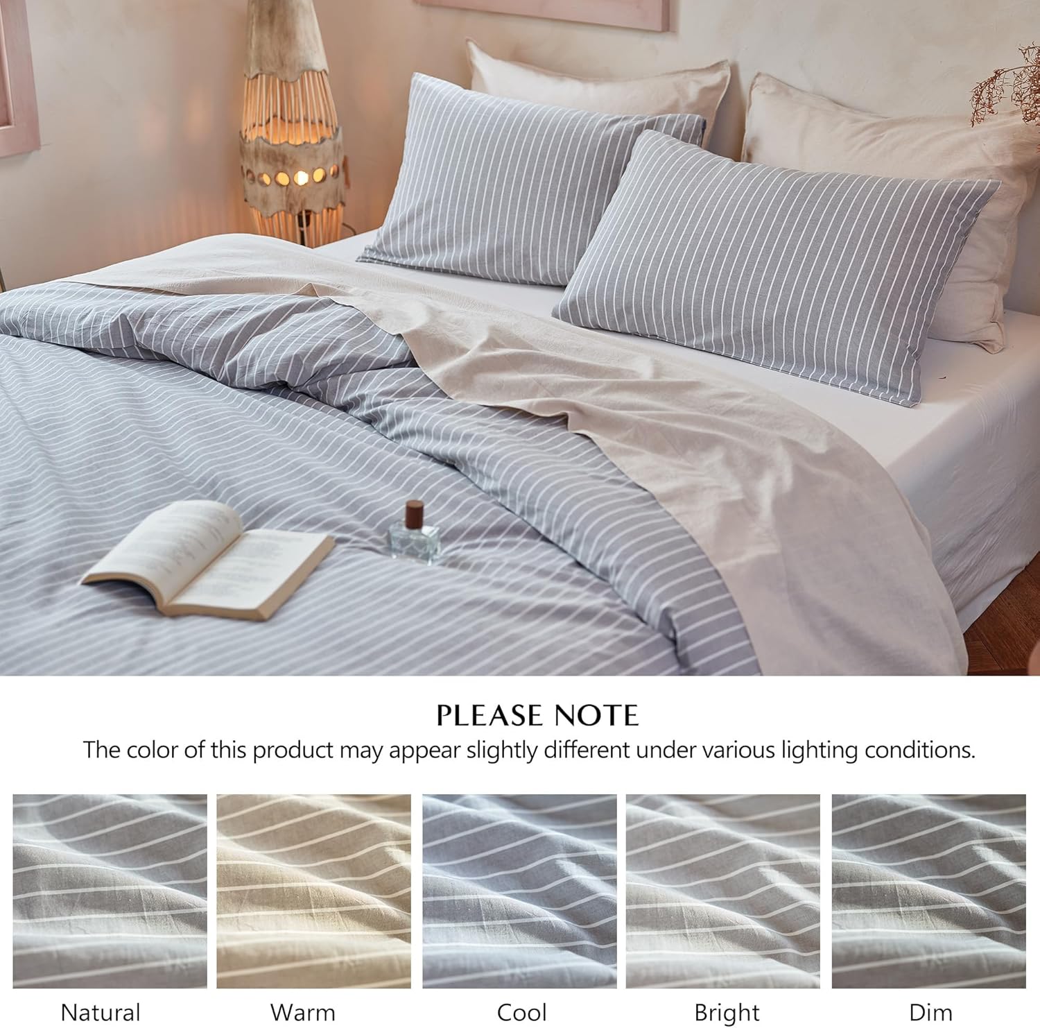 Striped 100% Washed Cotton Duvet Cover Set Queen 3Pcs(1 Comforter Cover&2 Pillowcases), Natural Cotton Bedding Set Soft Breathable Farmhouse Zipper Closure All Seasons(Light Grey-White,Queen)