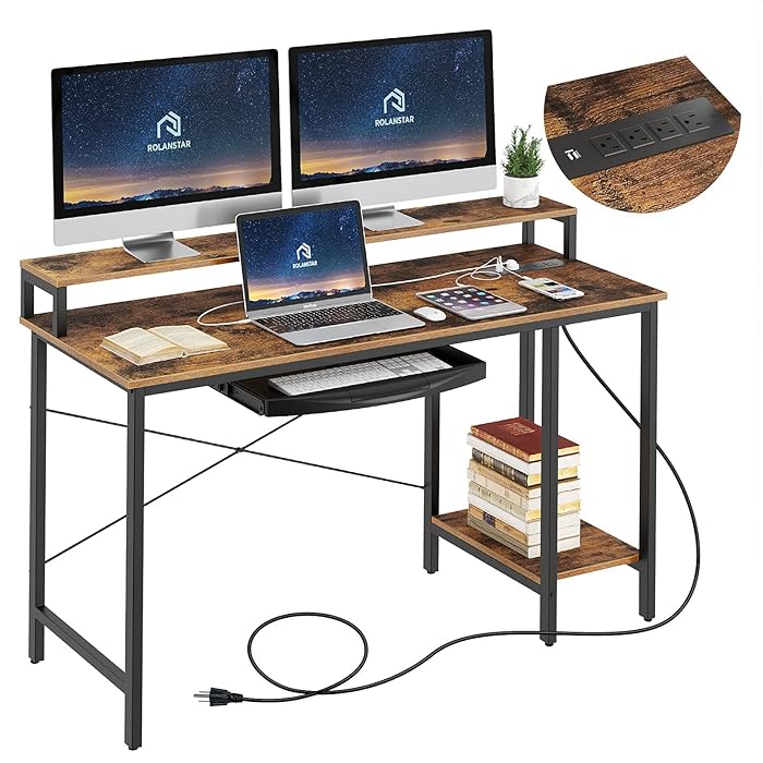 Buy Rolanstar Computer Desk with Power Outlet and Monitor Stand Shelf