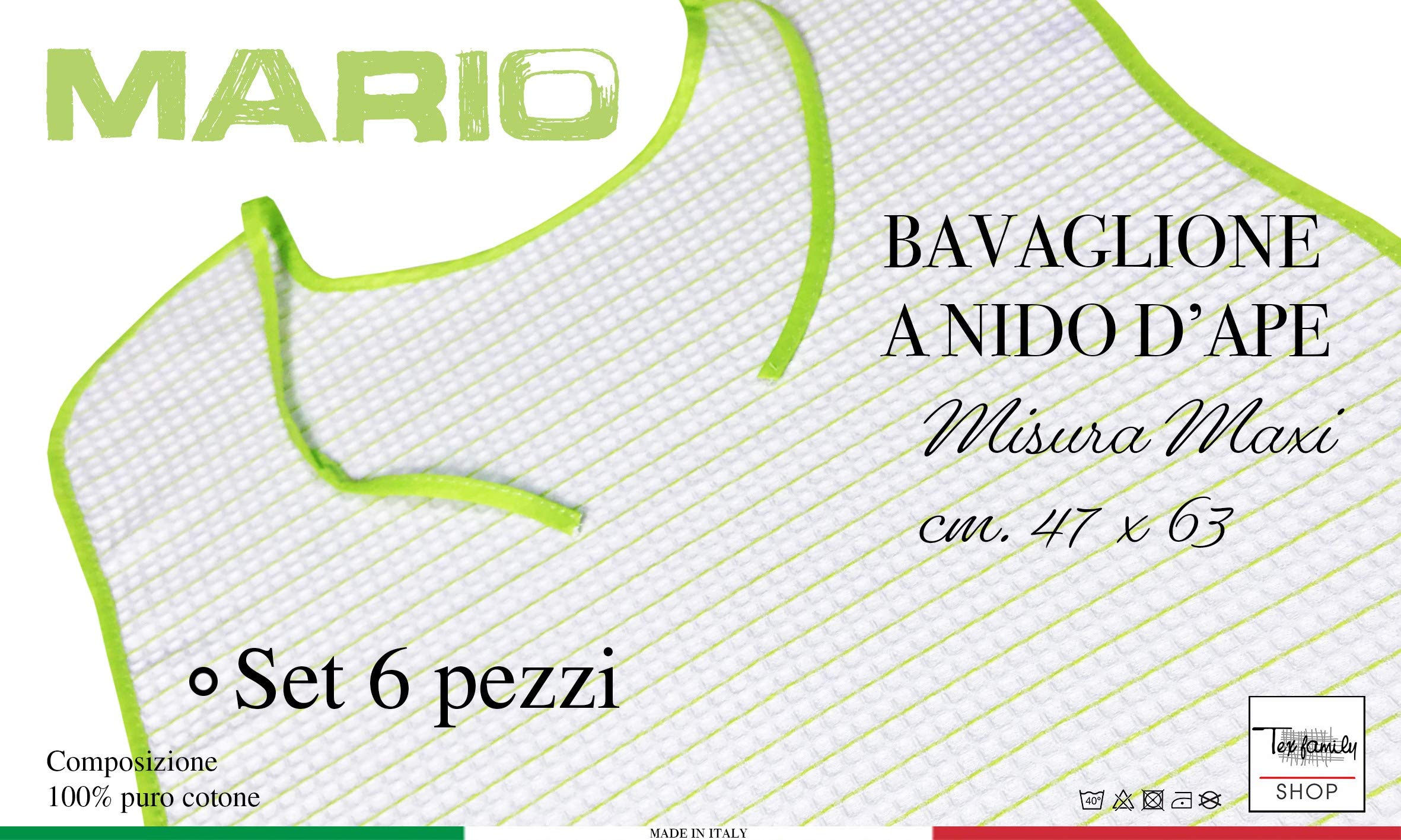 Tex family Bavaglio per Adulti e Anziani MARIO | Set 6 Pezzi in Cotone Nido d'Ape, Assorbente, 47x63 cm | Made in Italy