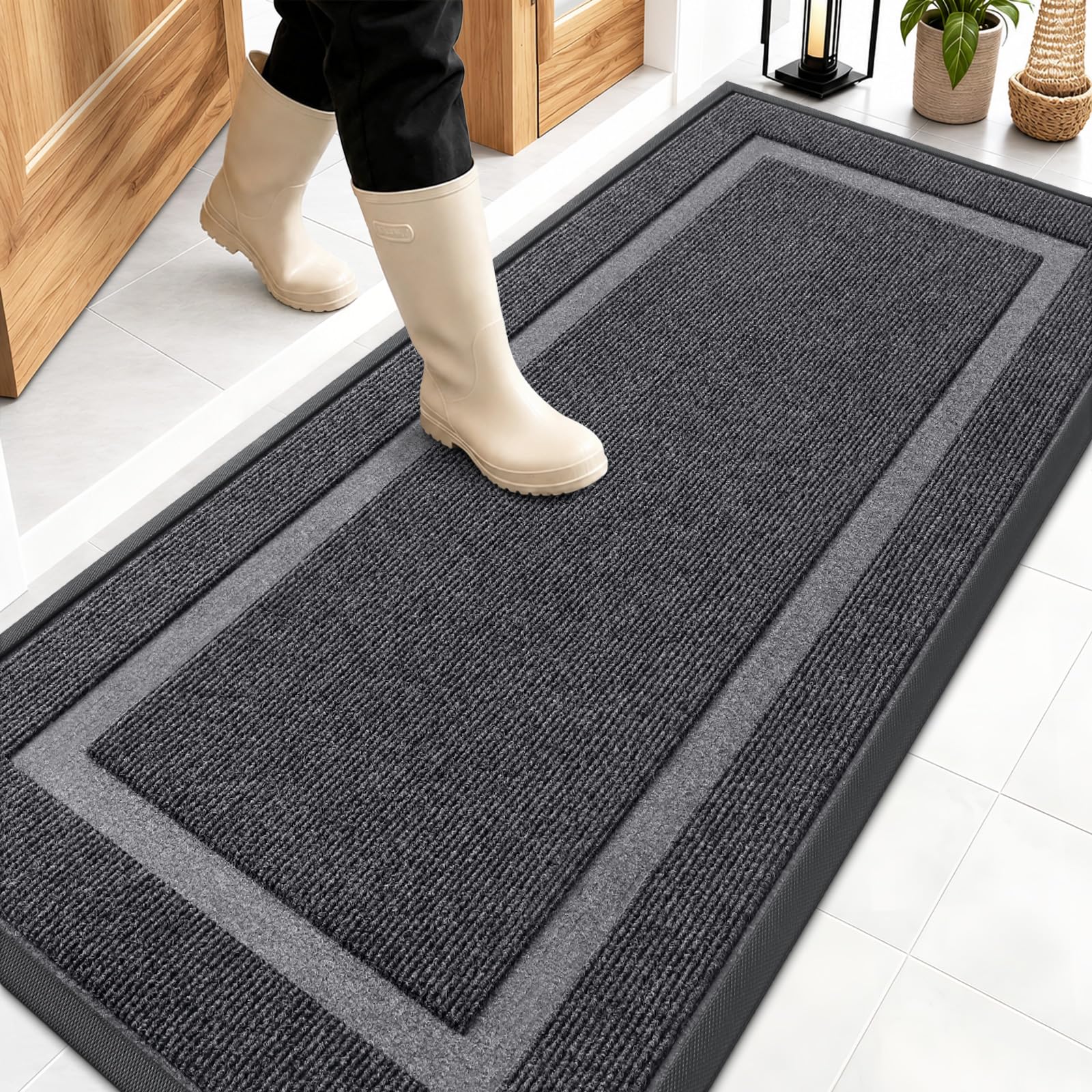OLANLY Front Door Mat Outside 59x23, All-Season Heavy-Duty Rubber Doormat | Grey, Absorbent, Stain and Fade Resistant, Waterproof Non-Slip Backing, Low-Profile Indoor Outdoor Floor Mat for Entryway