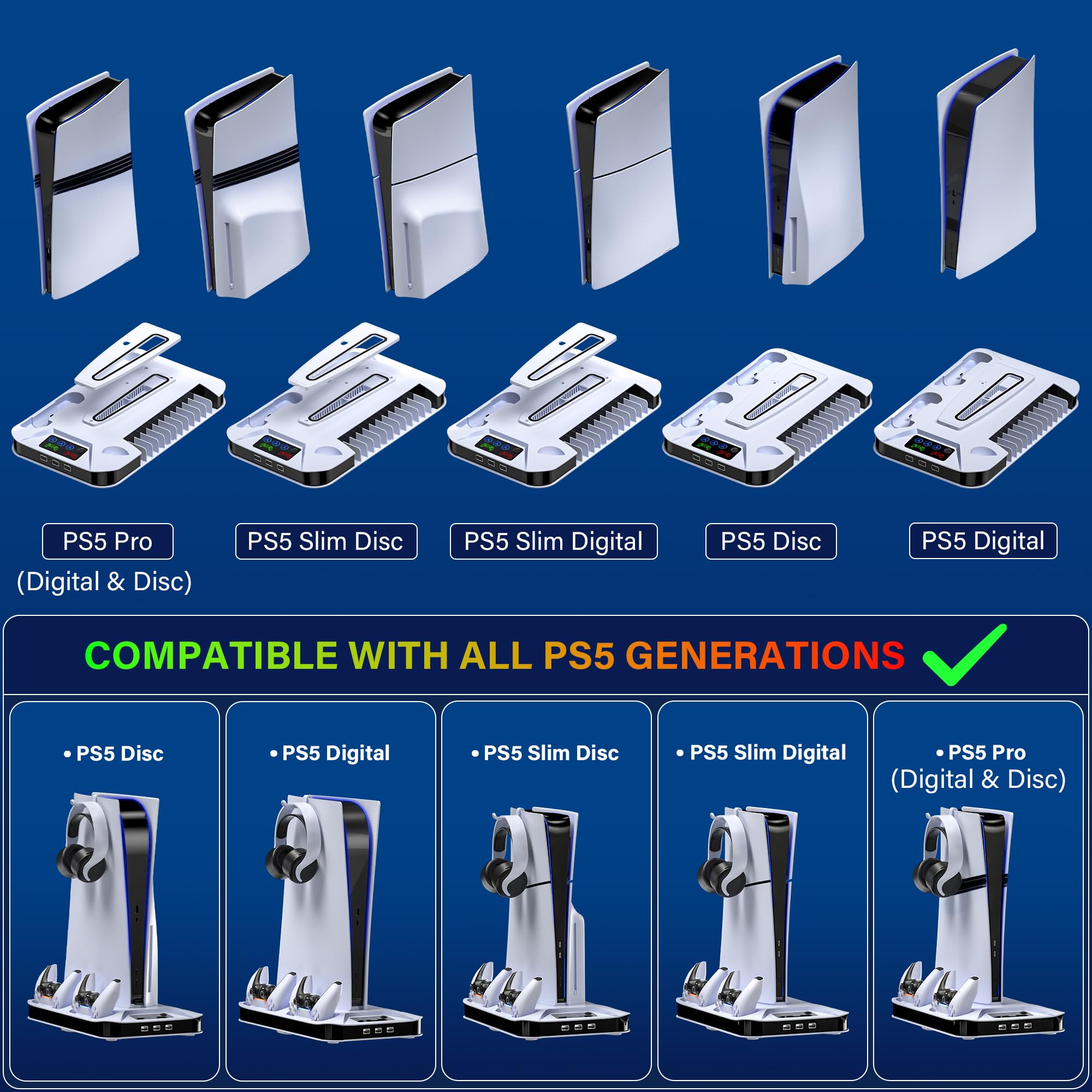 PS5/Slim/Pro - Estación de refrigeración con controlador y estación de carga para Sony PSP Console Playstation 5 Slim&Standard Disc/consola digital, accesorios de refrigeración PS5 Pro, incluye