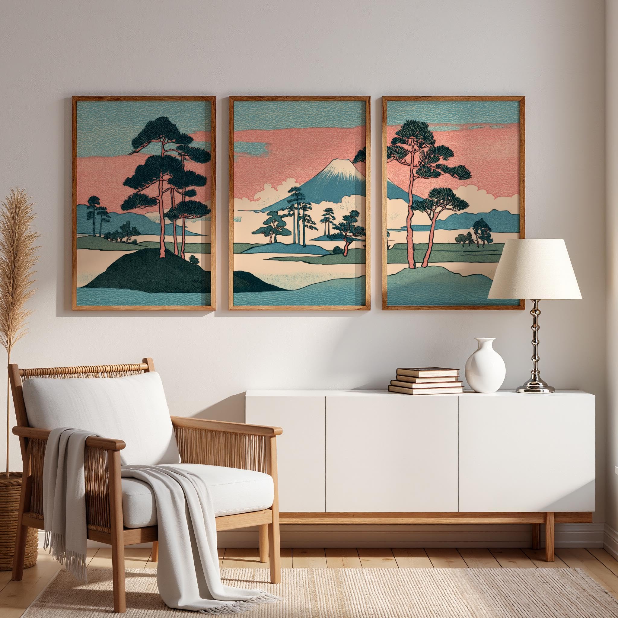 LMYCHENG Set di 3 stampe su tela vintage di paesaggi giapponesi, trio di dipinti Ukiyo-e di montagne, quadri decorativi per la camera da letto (20x30 cm x 3/cornice interna)