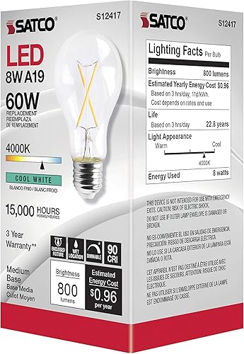 Miniatura 6 de Satco Lámparas de filamento LED regulables, S12417, lúmenes altos, 8 vatios, A19; transparente; base media; 4000 K; 90 CRI; 120 voltios para uso en