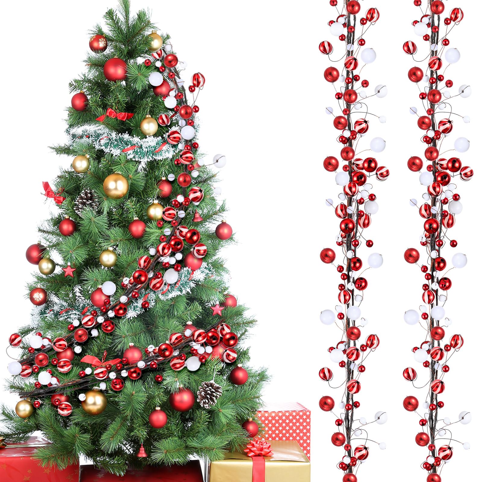 WILLBOND Guirlande de boules de Noël à suspendre pour sapin de Noël, cheminée, couronne de 3,7 m, rouge et blanc